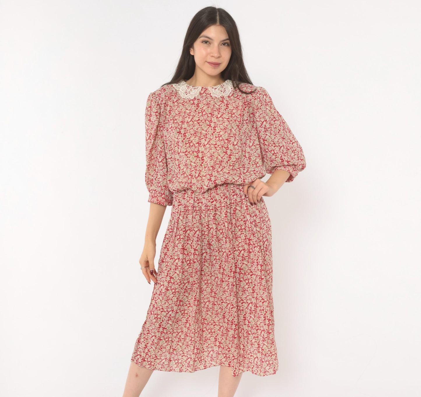 90s Breli Originals Floral Midi Dress Red Cream Lace Collar Puff Sleeve Medium Large