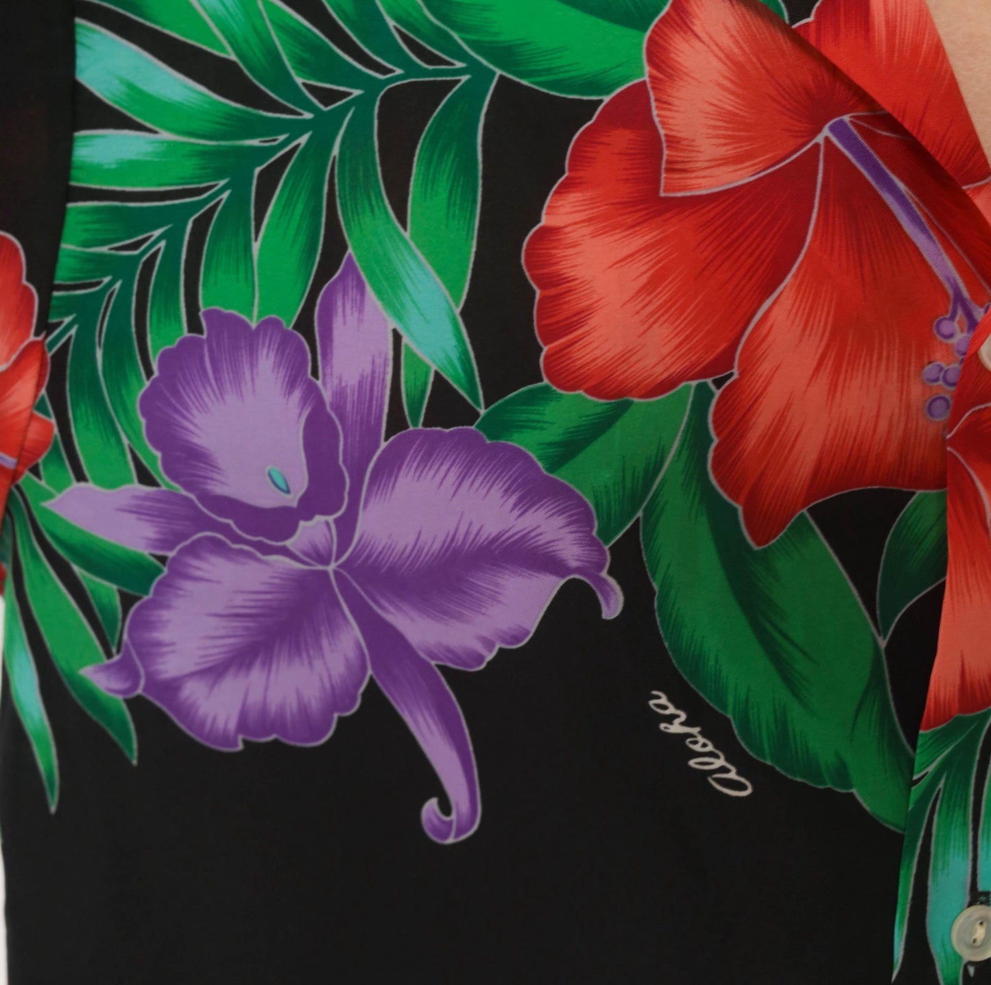 80s Made In Hawaii Hawaiian Shirt Black Hibiscus Floral Camp Collar Large