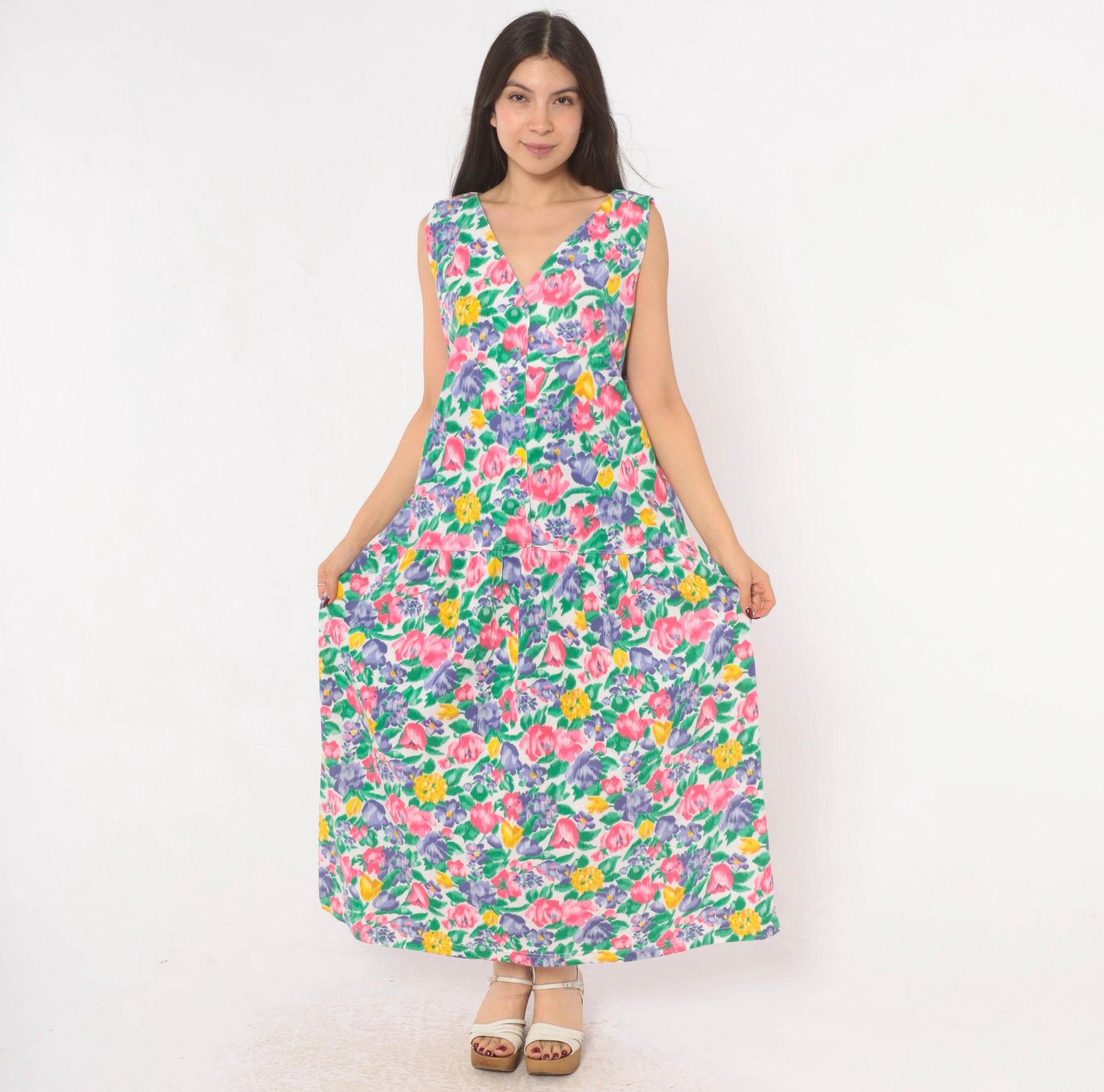 90s Fads Floral Maxi Dress Button Front V-Neck Sleeveless Pink Purple Extra Large XL