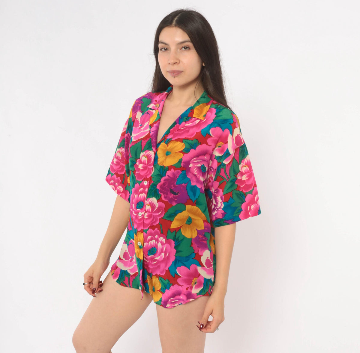 90s Heléne Sidel Silk Camp Collar Shirt Floral Fuchsia Small