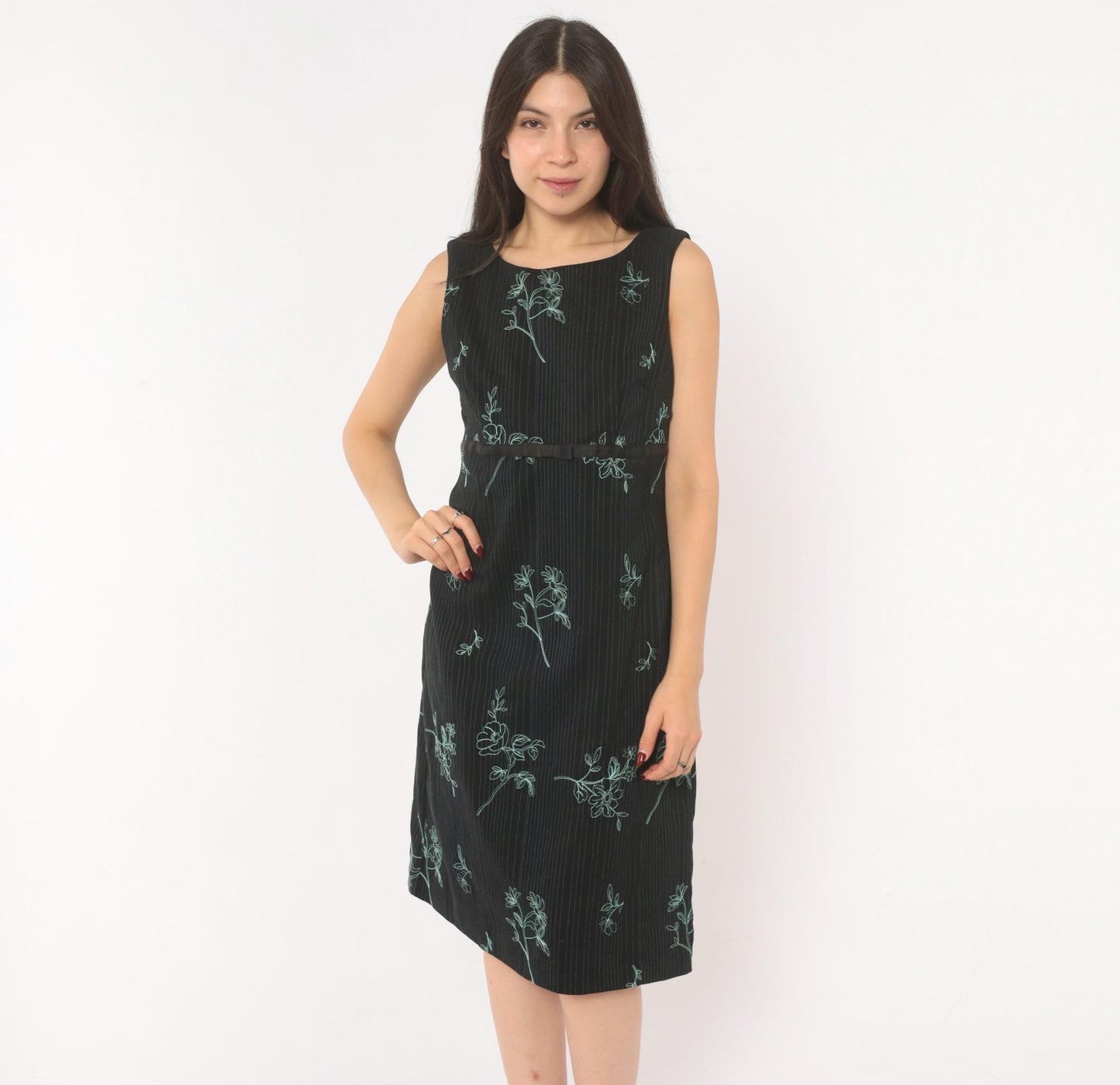 90s Rabbit Black Floral Embroidered A-Line Dress Blue Pinstripe Medium M