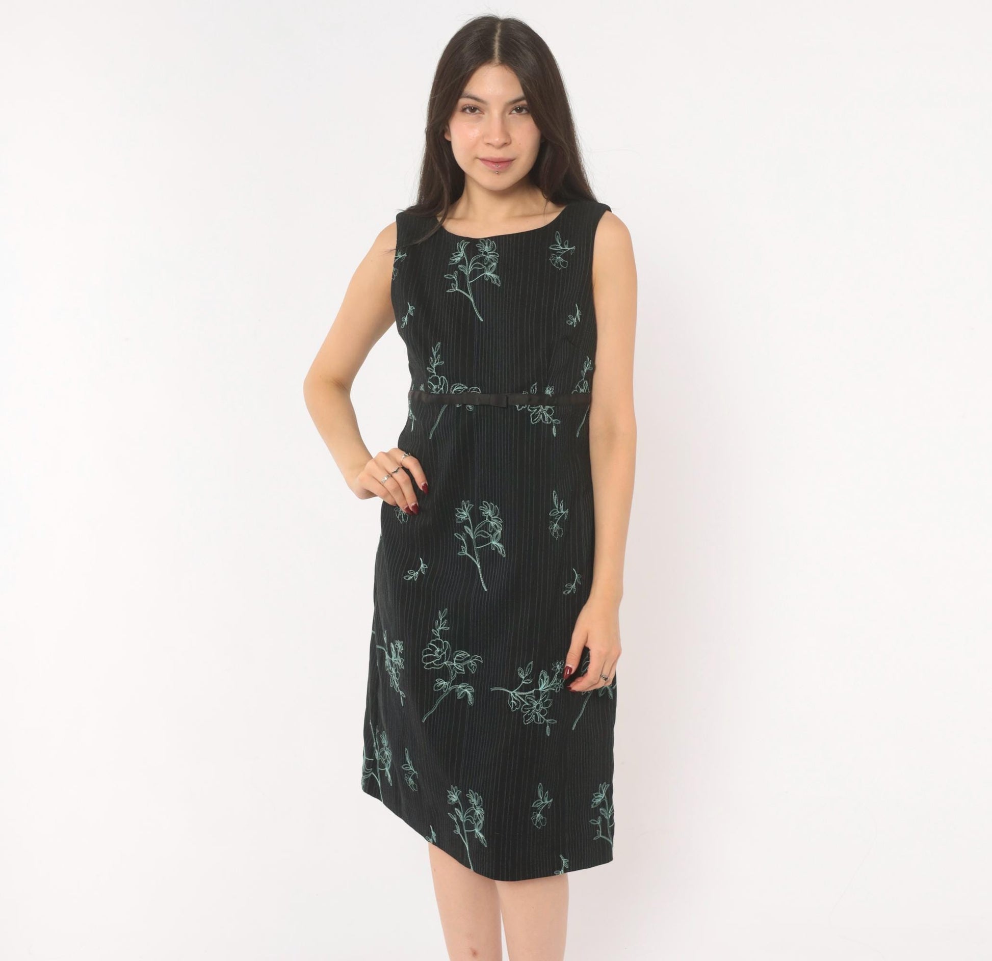 90s Rabbit Black Floral Embroidered A-Line Dress Blue Pinstripe Medium M
