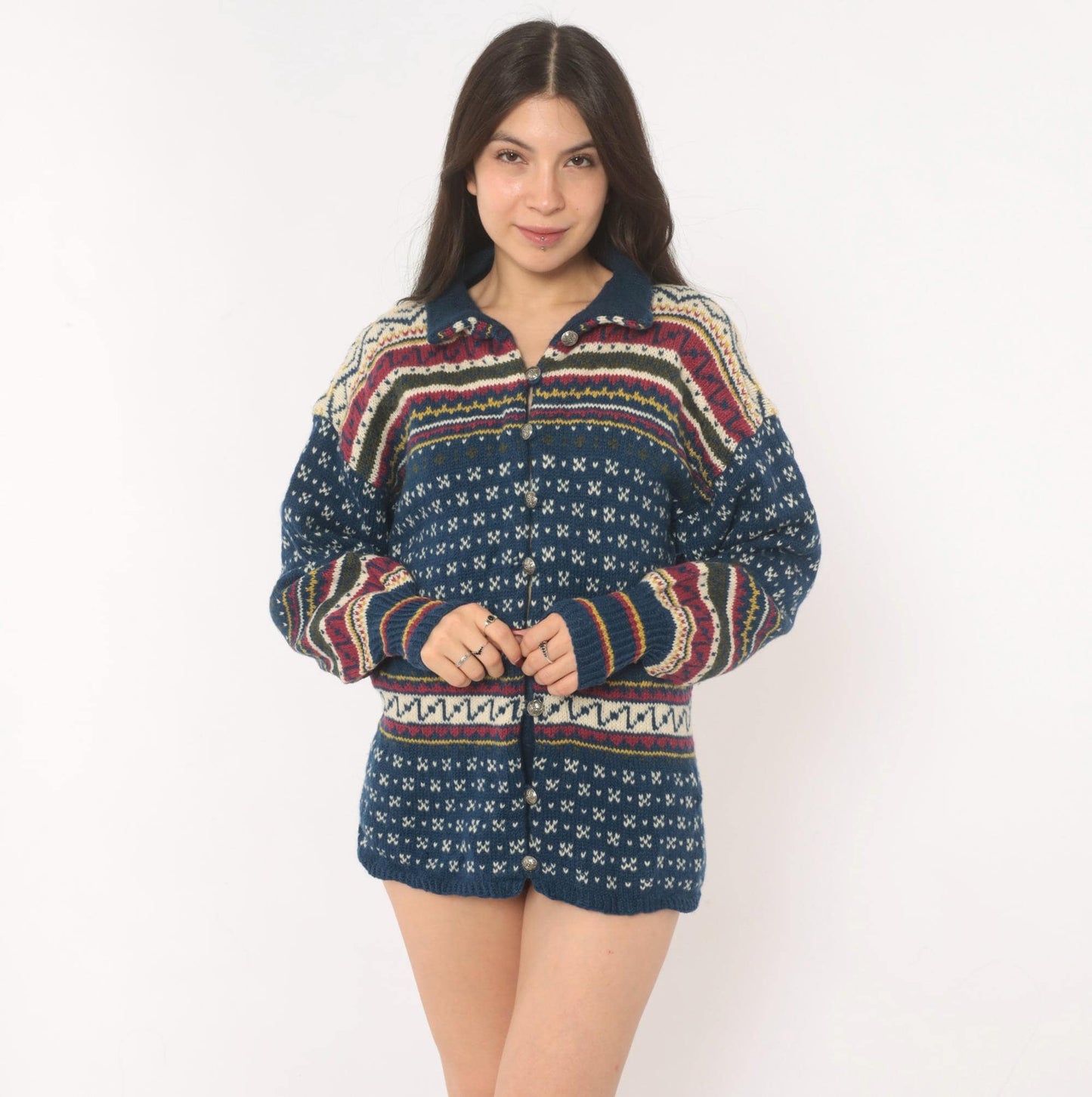 90s Husfliden Norwegian Fair Isle Wool Cardigan Navy Cream Burgundy Medium M