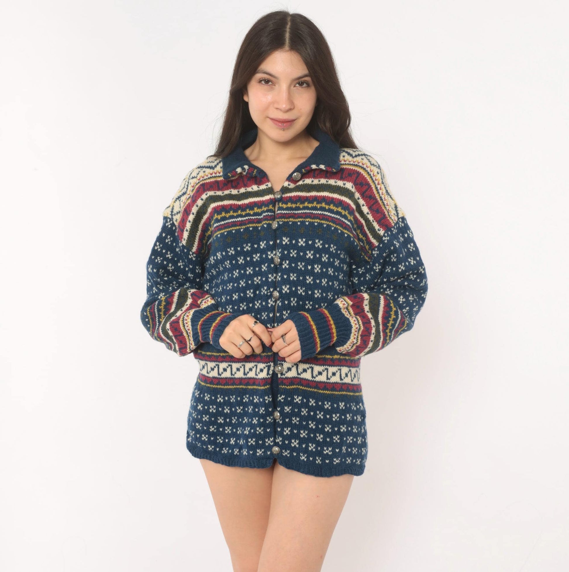 90s Husfliden Norwegian Fair Isle Wool Cardigan Navy Cream Burgundy Medium M