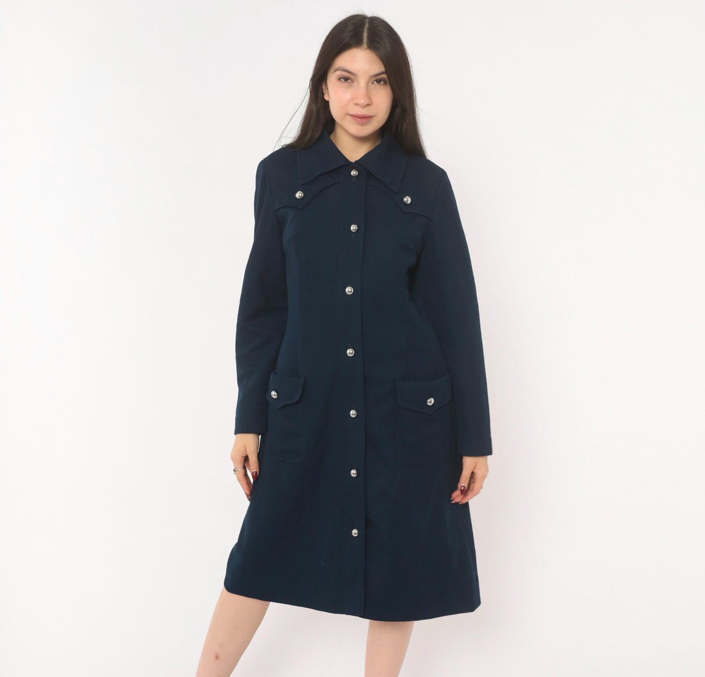 70s R & K Originals Navy Coat Dress Western Yoke Silver Buttons Medium