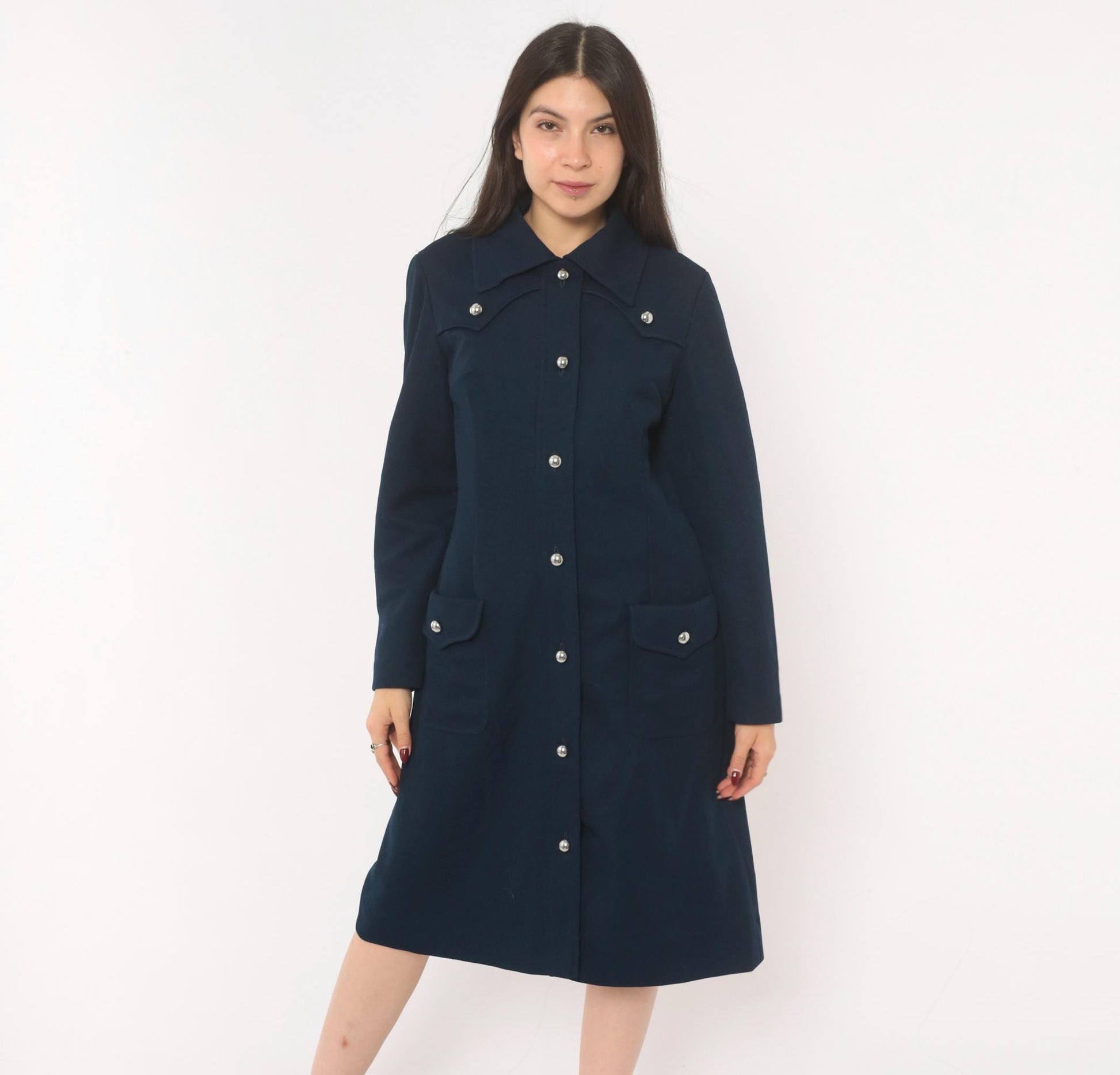 70s R & K Originals Navy Coat Dress Western Yoke Silver Buttons Medium