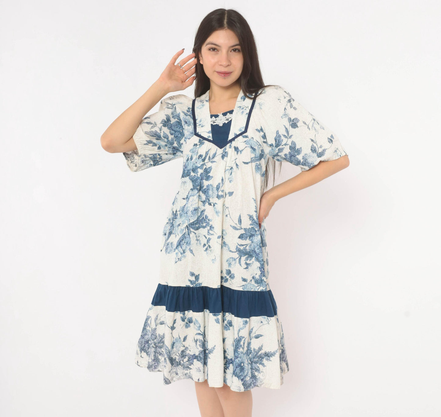 80s Liberty House Blue Floral Toile Cotton Dress V-Neck Puff Sleeve Extra Small XS