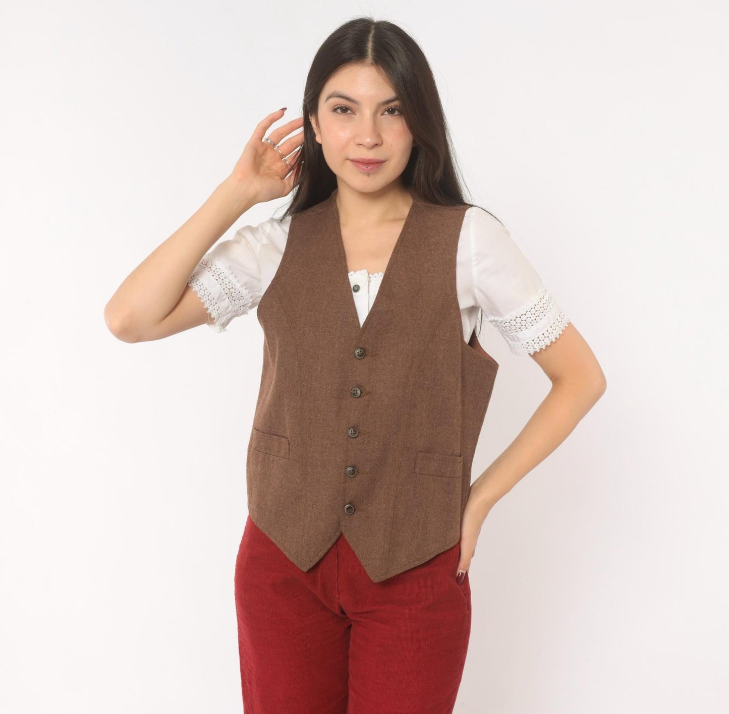 70s Angels Flight Wool Herringbone Vest Brown V-Neck Button Front Small S