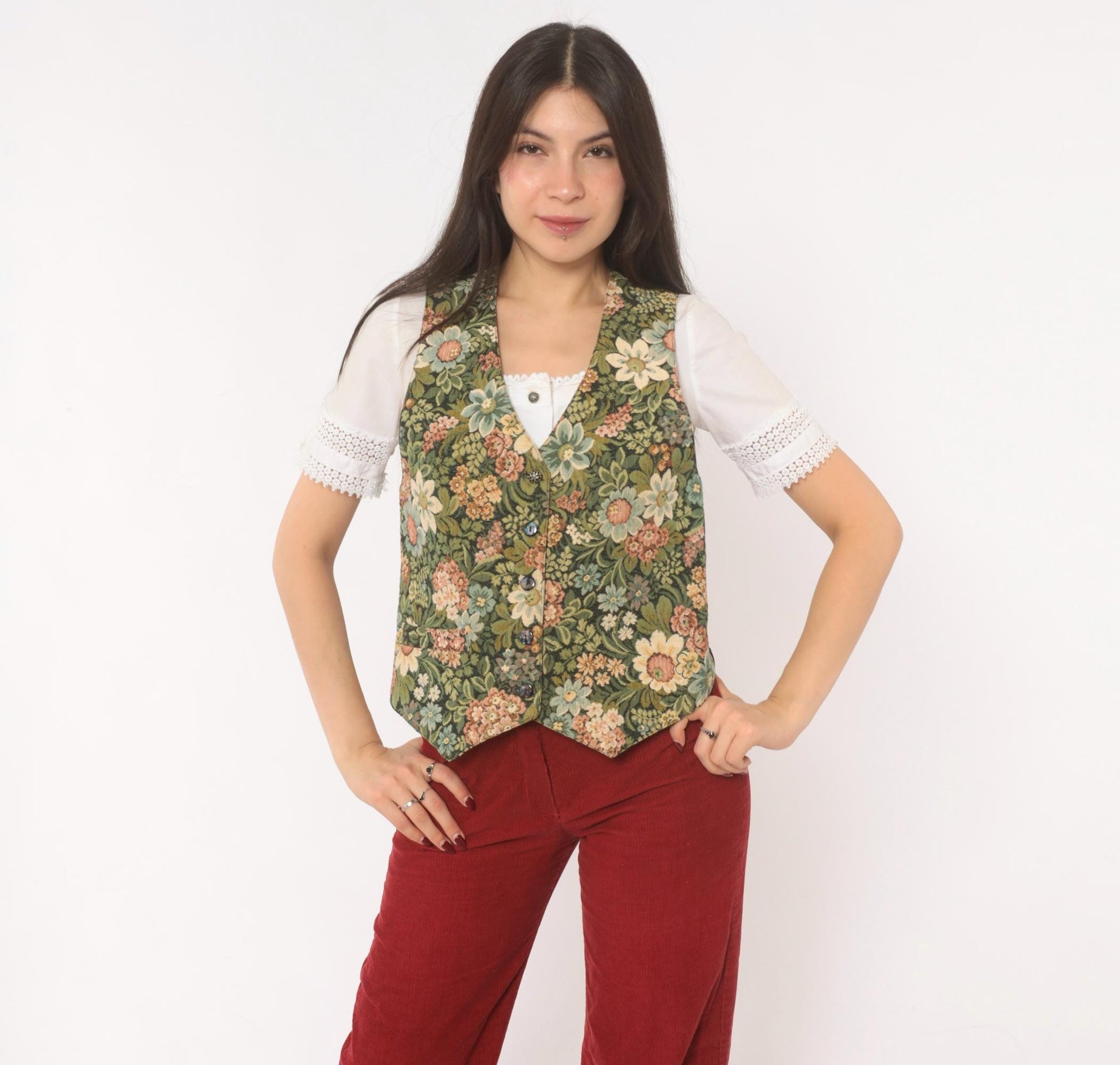 90s Di Di Scott Floral Tapestry Vest Button Front V Neck Olive Green Pink Small
