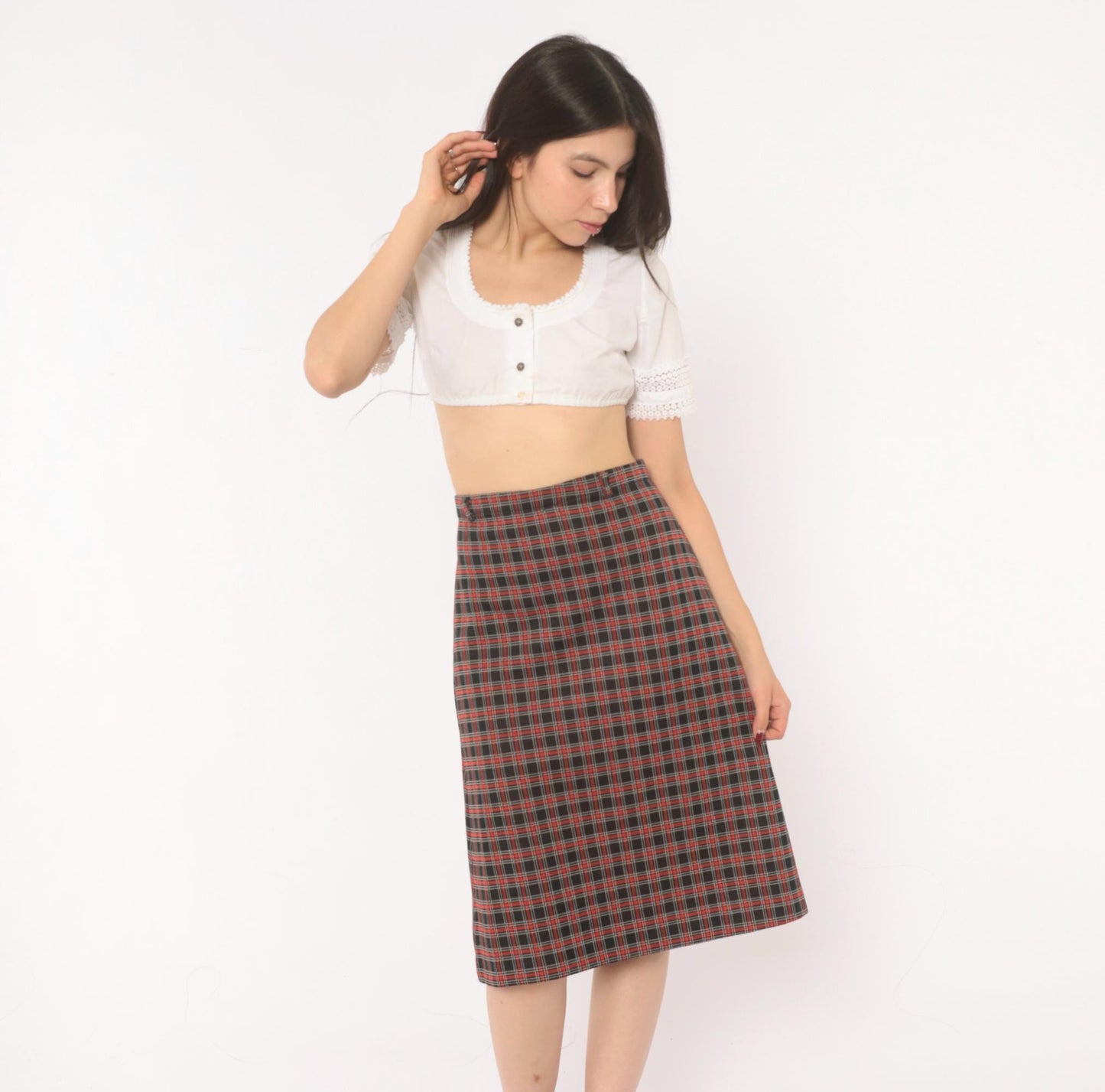 70s Black Red Tartan A-Line Skirt Knee-Length Plaid Preppy Medium