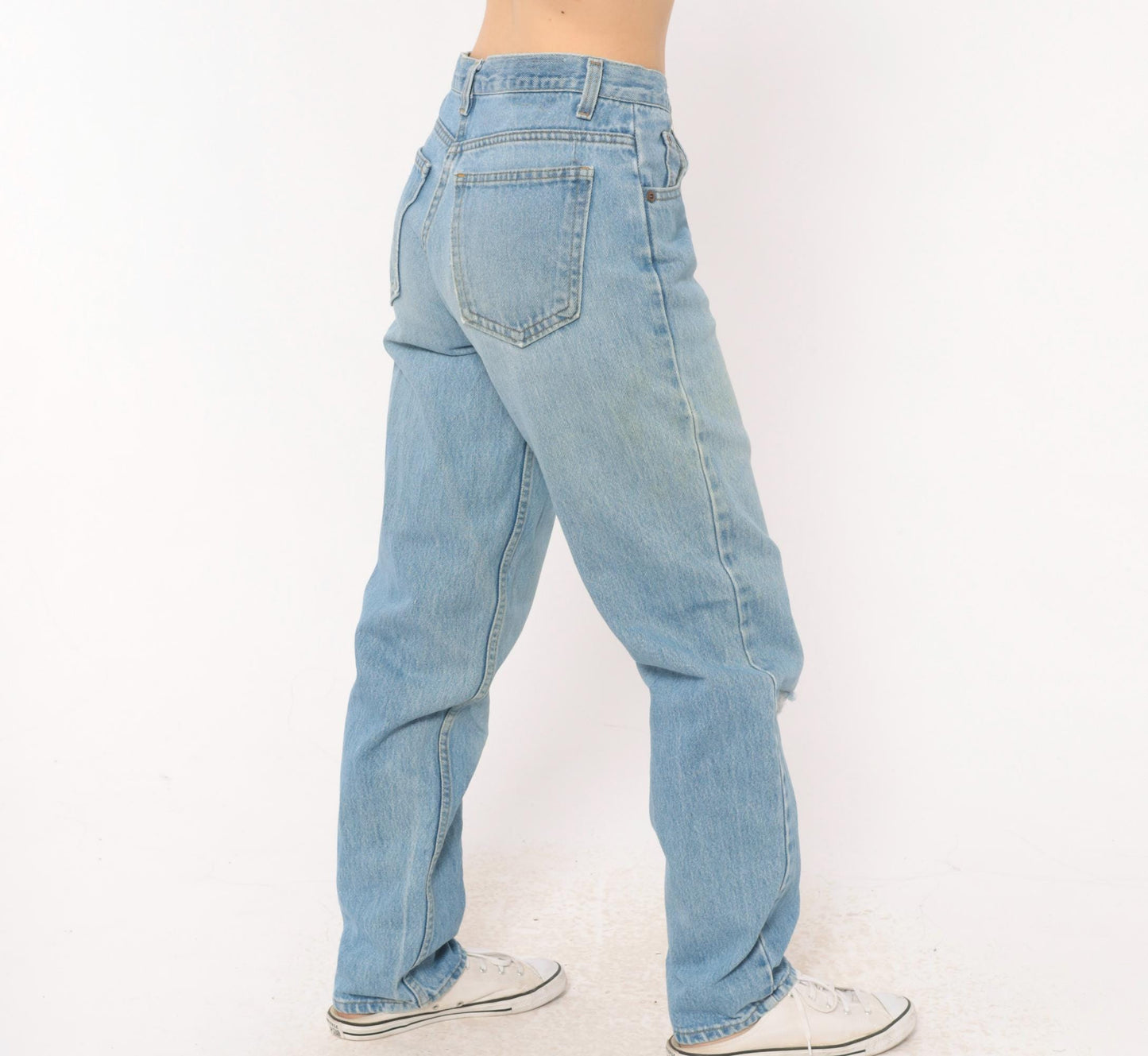 90s Light Wash Straight Leg High Rise Jeans Distressed Knee Rip Denim Small