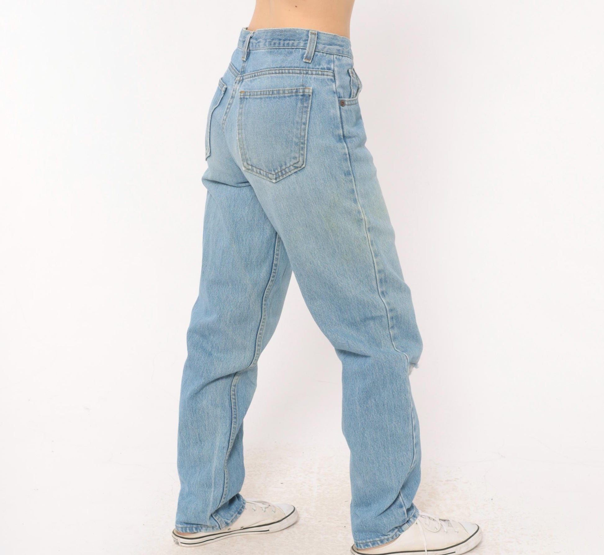 90s Light Wash Straight Leg High Rise Jeans Distressed Knee Rip Denim Small
