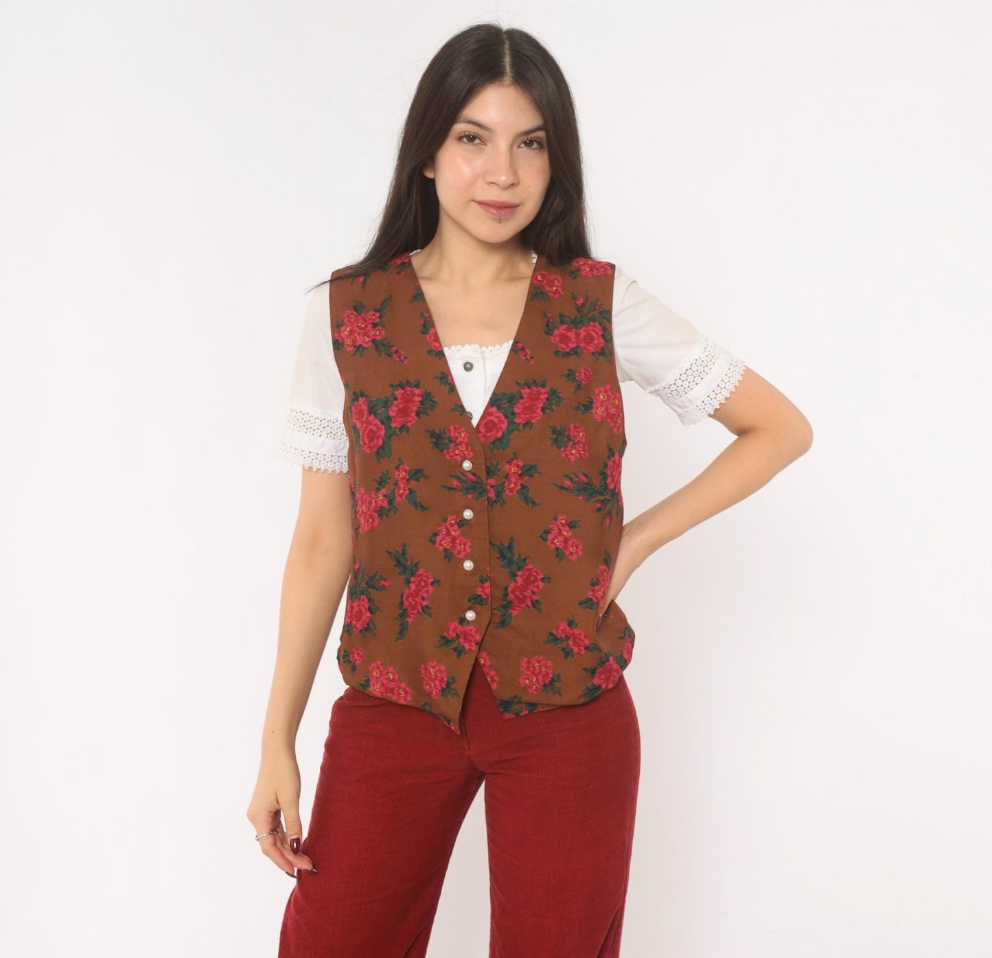 90s Karen Scott Floral Vest Brown Pink Rose Button Front Tie Back Small
