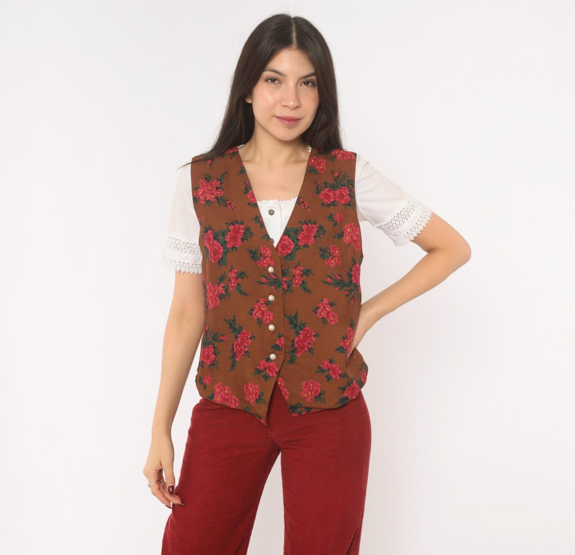 90s Karen Scott Floral Vest Brown Pink Rose Button Front Tie Back Small
