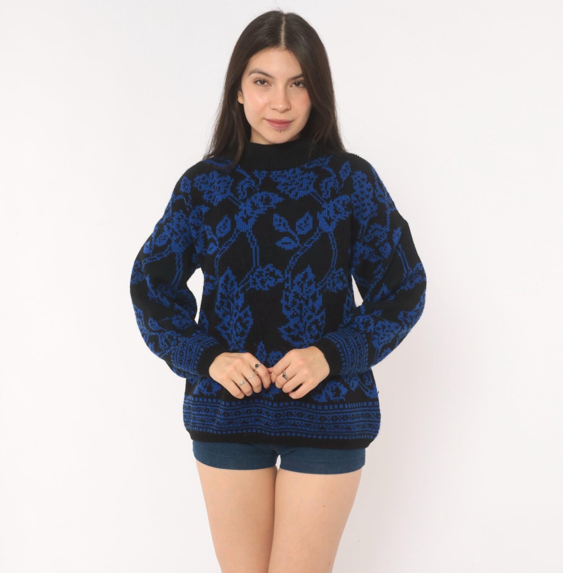 80s Jamie Scott Floral Knit Sweater Black Blue Rose Jacquard Medium