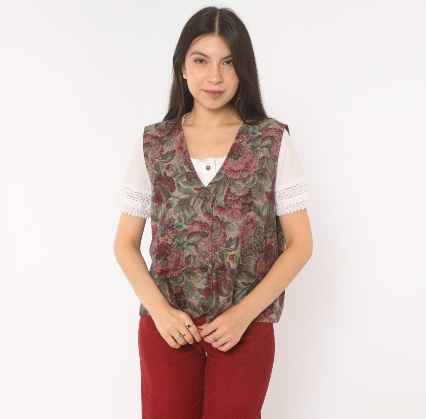 90s Floral Tapestry Vest Burgundy Teal Rose Jacquard Button Front Large L