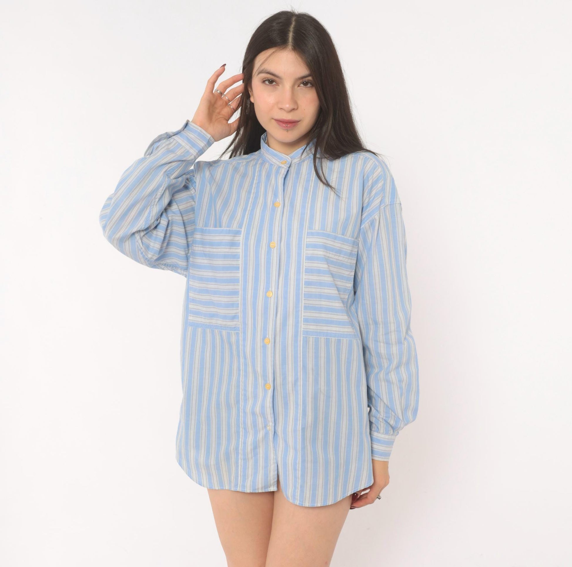 90s Gap Blue White Striped Shirt Band Collar Cotton Blouse Medium M