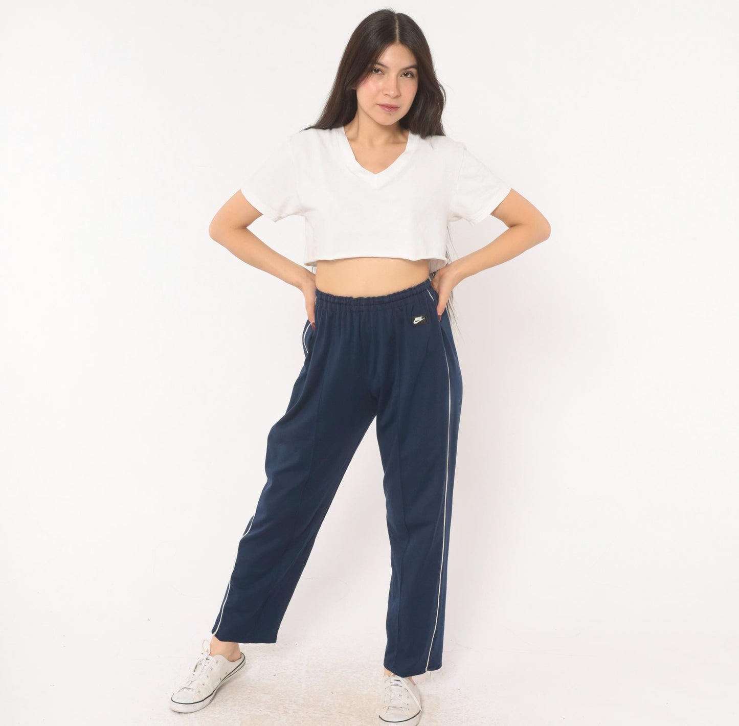 2000s Nike Navy Track Pants White Piping Straight Leg Extra Small XS