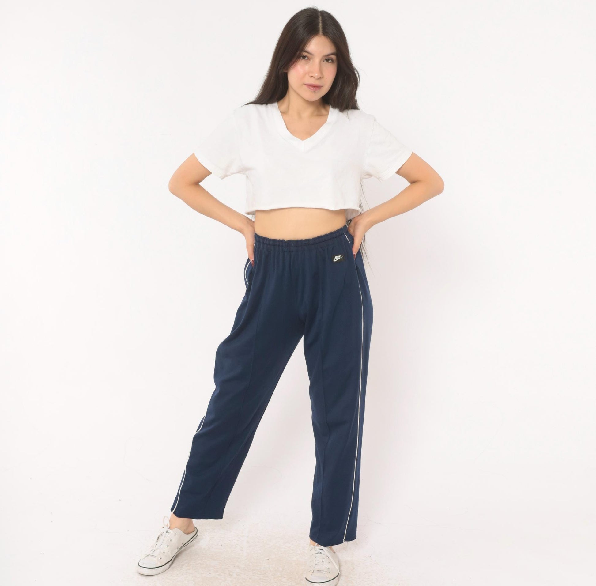 2000s Nike Navy Track Pants White Piping Straight Leg Extra Small XS