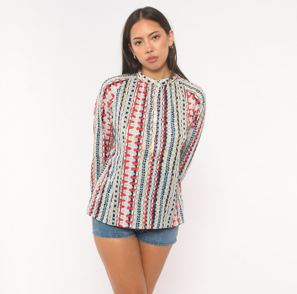 70s Cricket Lane Mandarin Collar Blouse Red Navy Leaf Print Medium