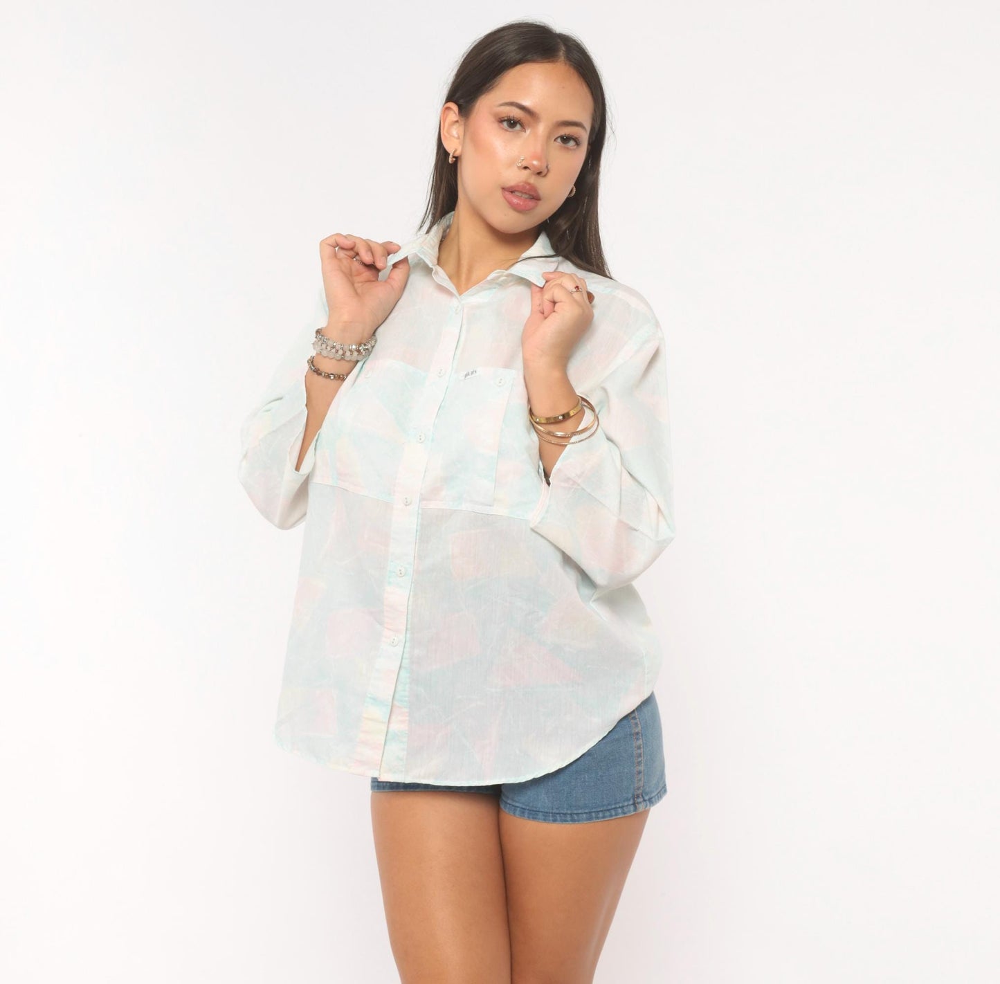 90s Alais Pastel Watercolor Button-Up Blouse Pink Blue Cotton Medium M