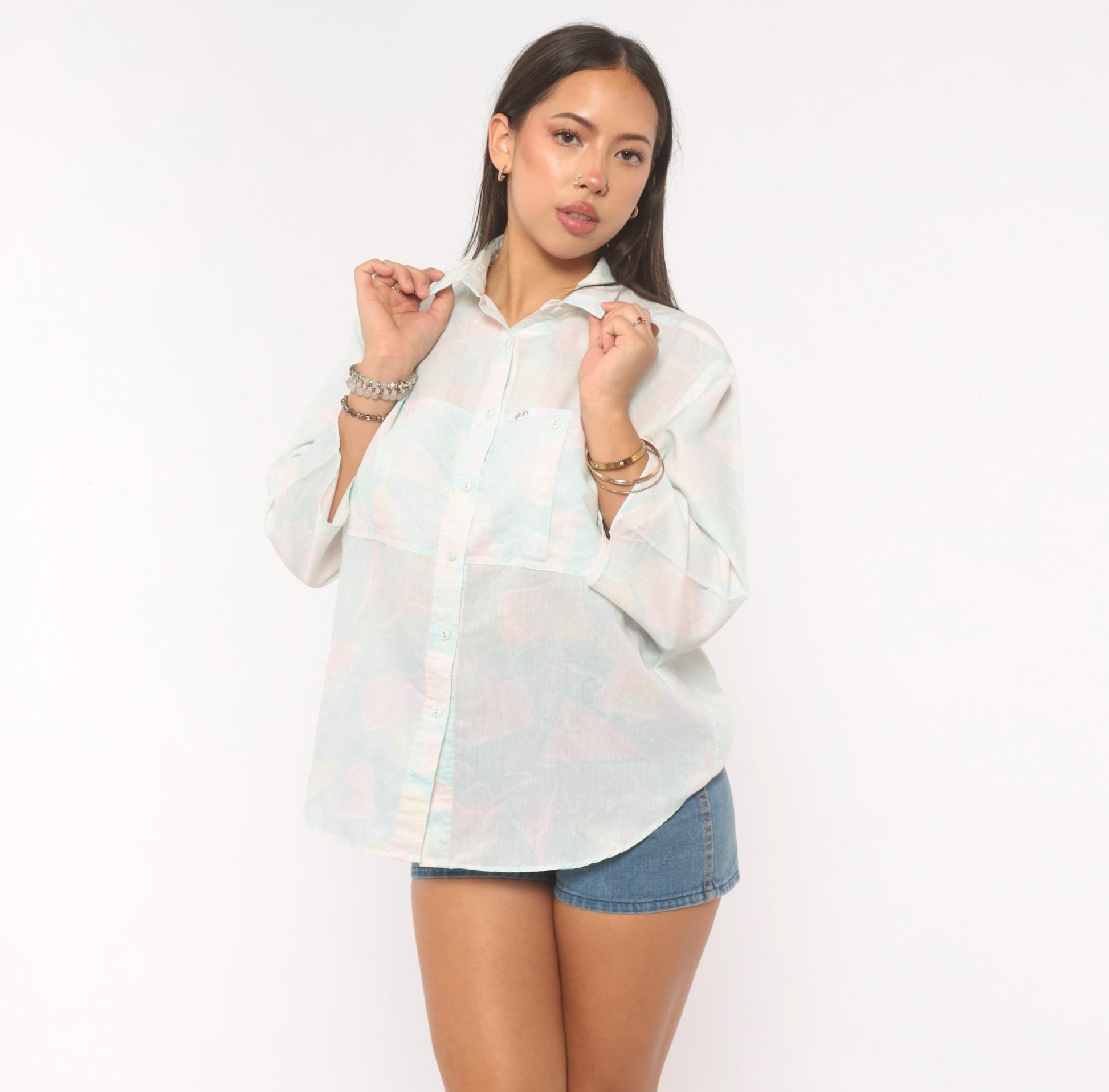 90s Alais Pastel Watercolor Button-Up Blouse Pink Blue Cotton Medium M