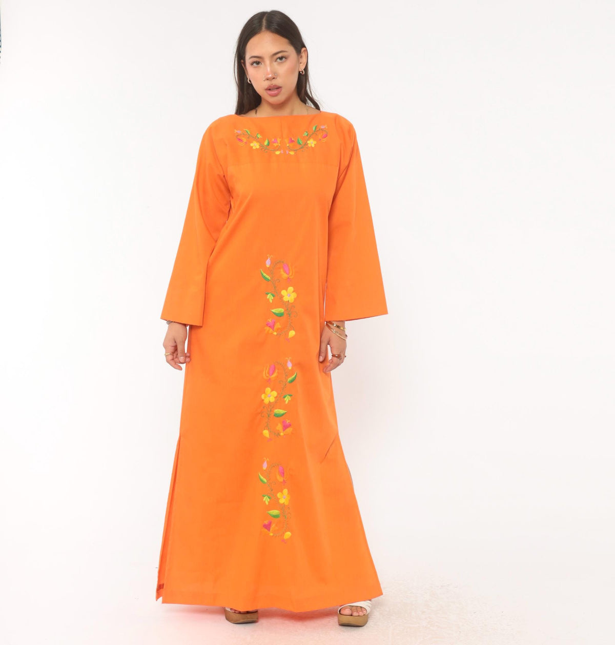 70s Orange Embroidered Maxi Dress Cotton Floral Bell Sleeve Boat Neck Medium M
