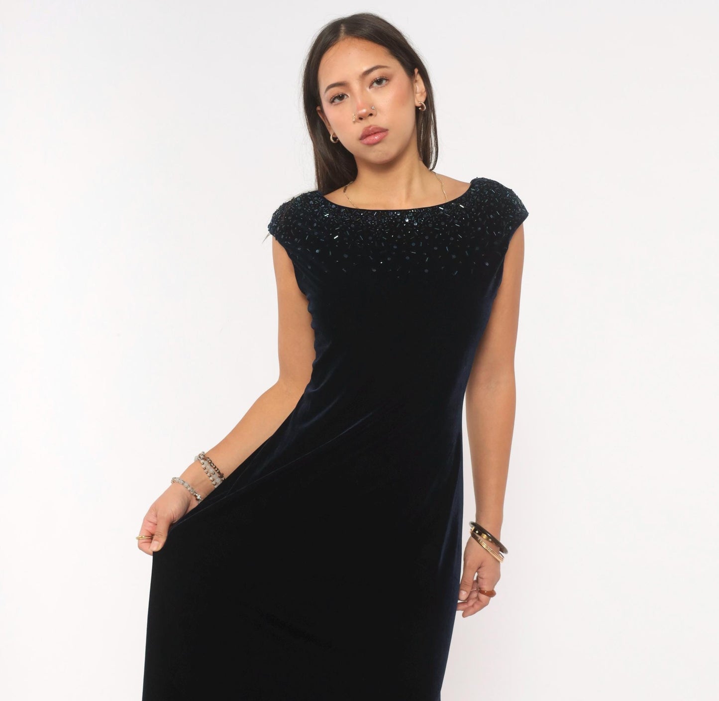 90s J. R. Nites Navy Velvet Gown Beaded Sequin Cap Sleeve Boat Neck Medium