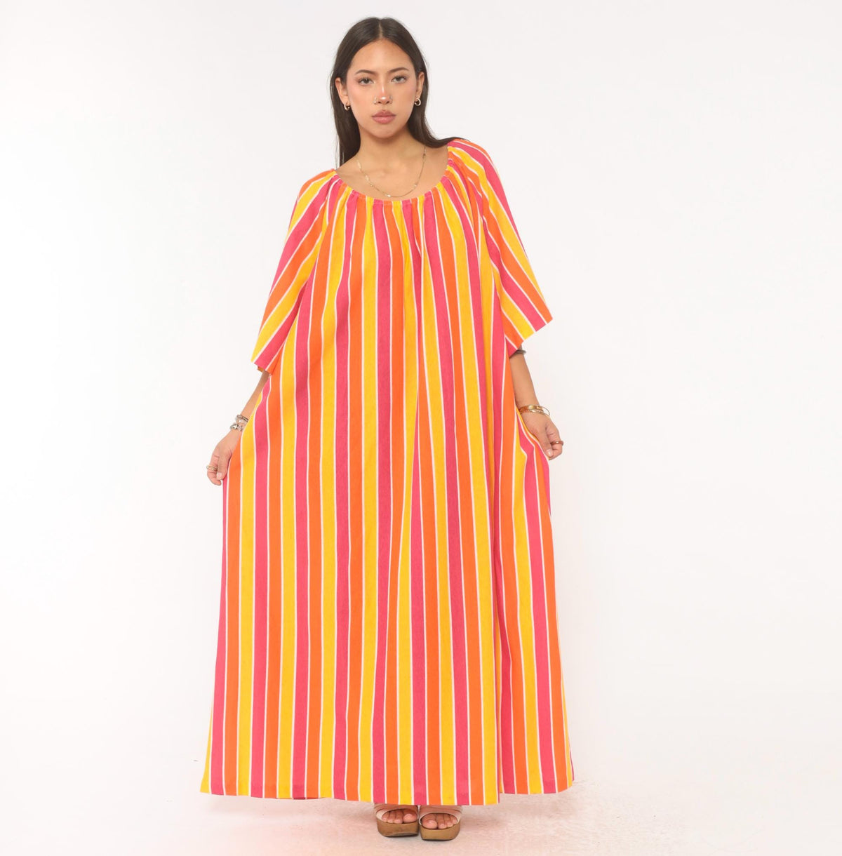 70s Striped Caftan Orange Pink Yellow Cotton Maxi Dress Flutter Sleeve Plus Size 3X