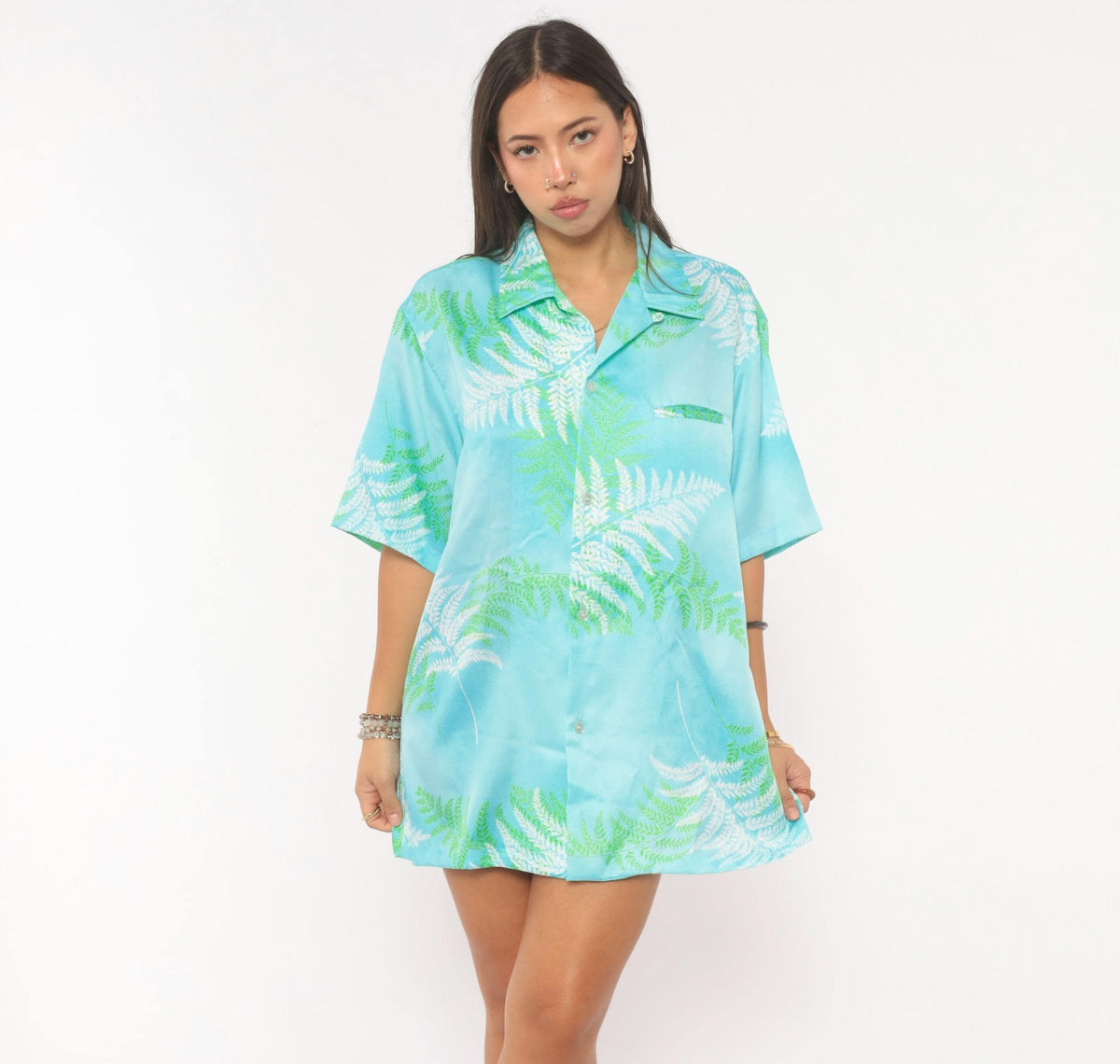 90s Malihini Hawaiian Shirt Fern Print Aqua Blue Green Leaf Camp Collar Medium
