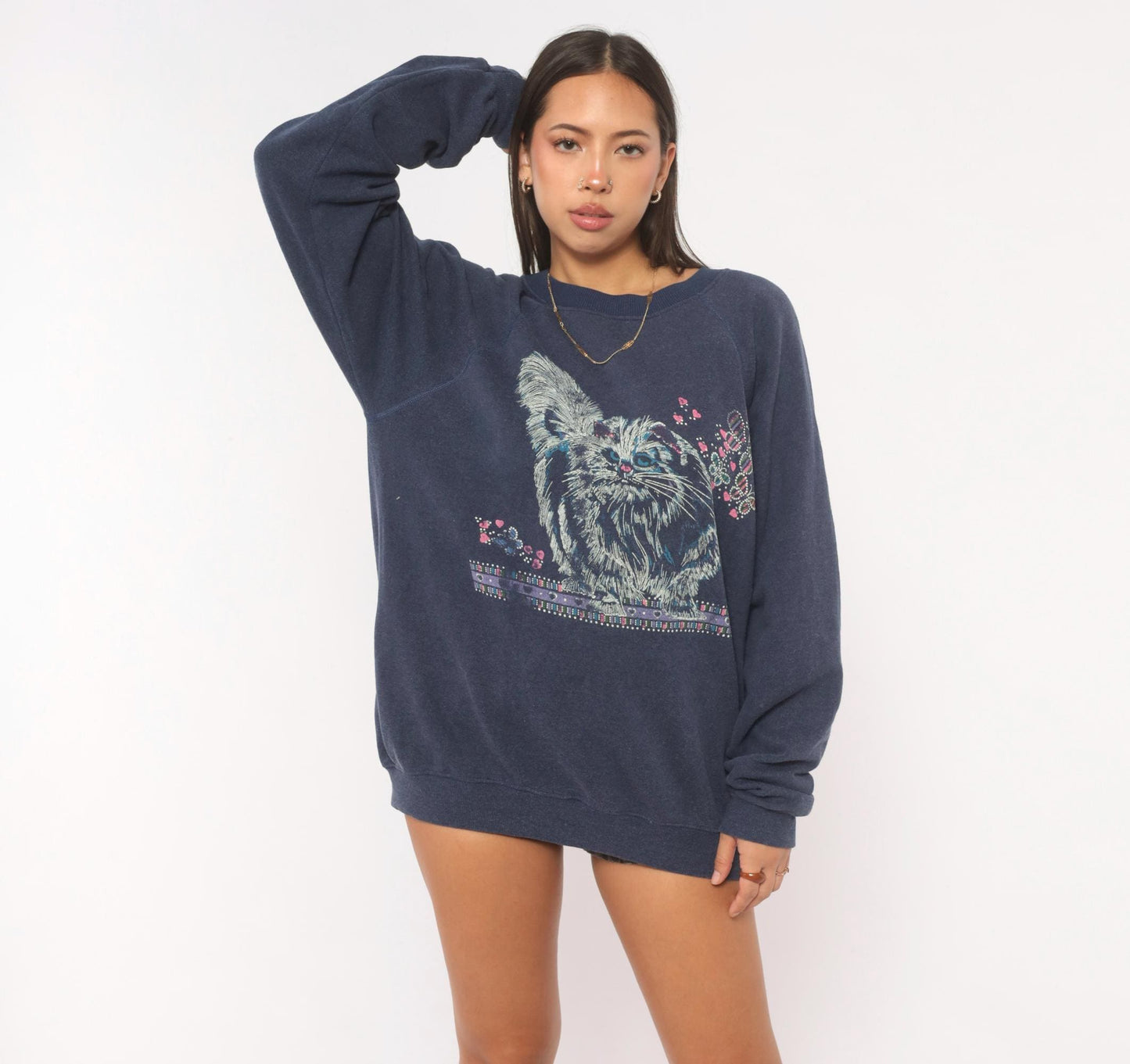 90s Hanes Cat Butterfly Sweatshirt Navy Blue Graphic Crewneck Raglan Large L