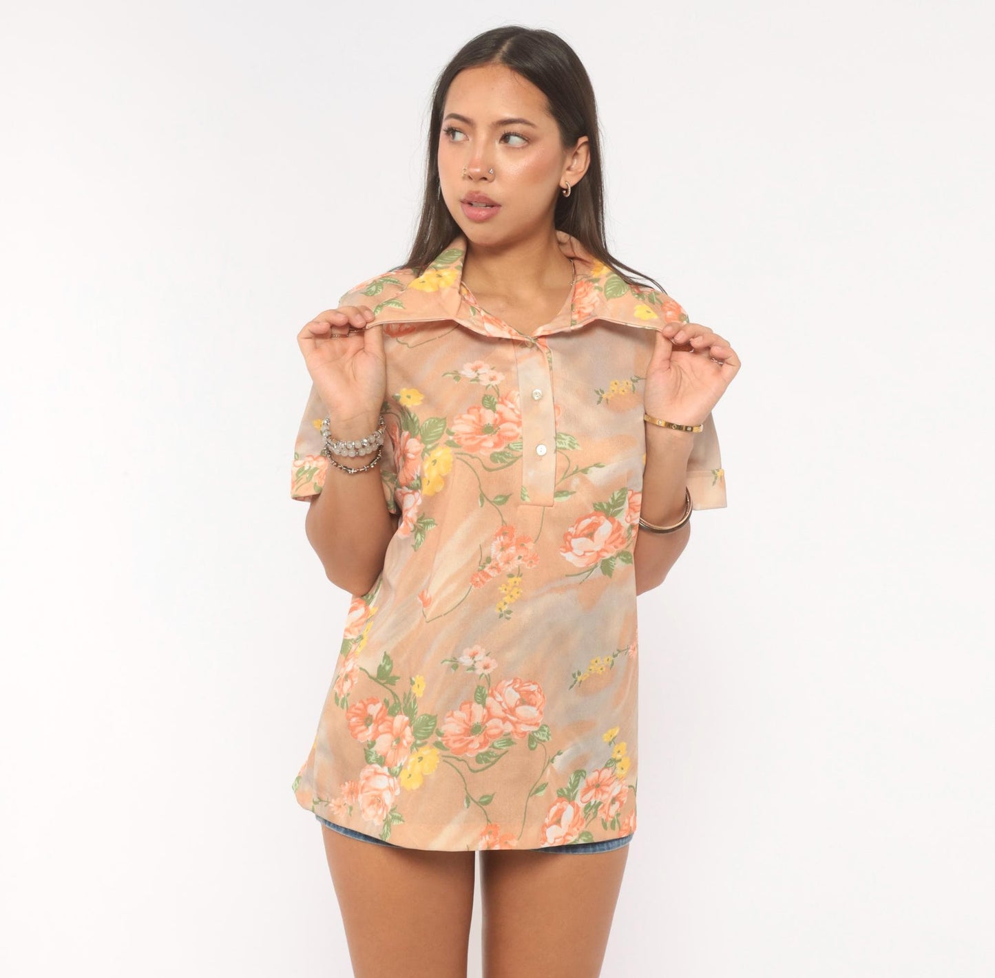 70s Floral Polo Shirt Peach Tan Rose Print Collared Pullover Large L