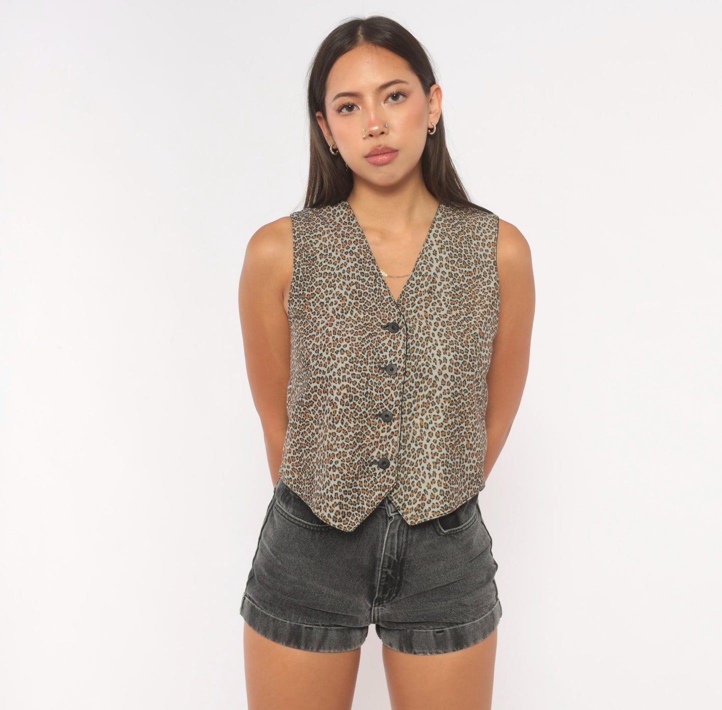 90s Reversible Leopard Cheetah Vest Black Tan Button Front V Neck Extra Small XS