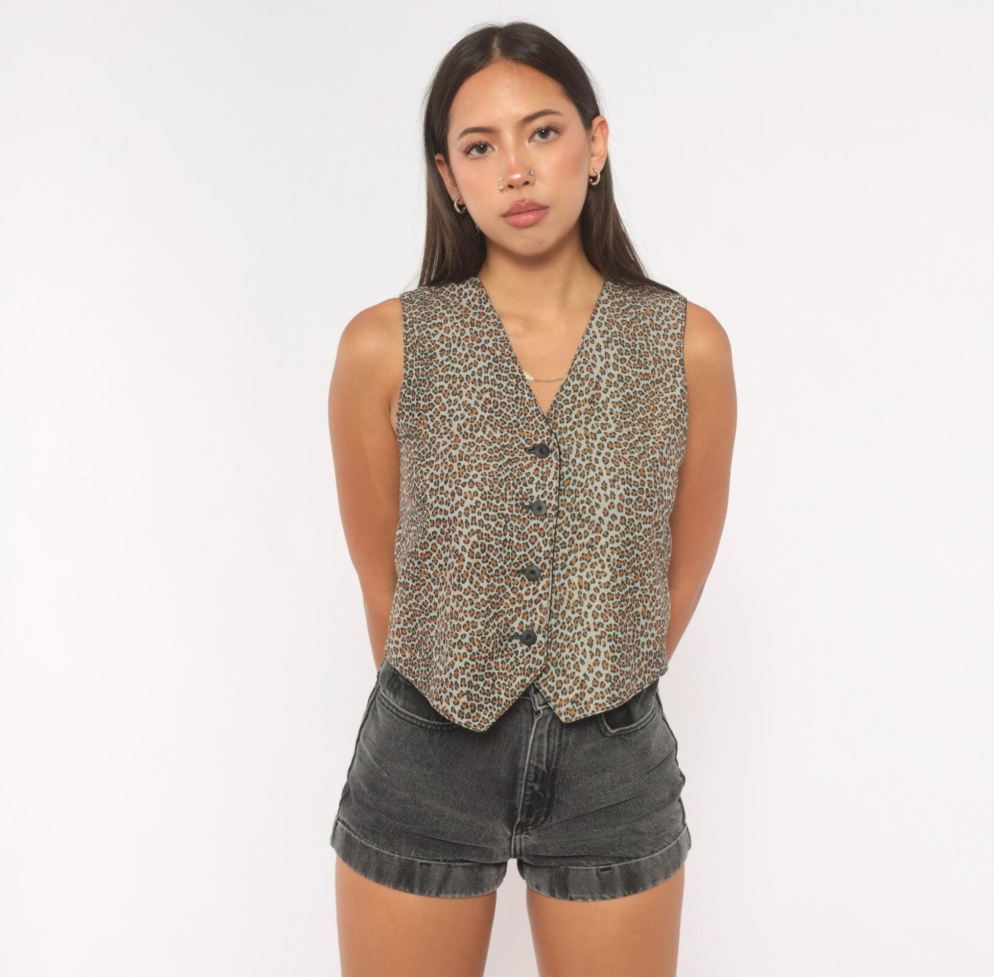 90s Reversible Leopard Cheetah Vest Black Tan Button Front V Neck Extra Small XS