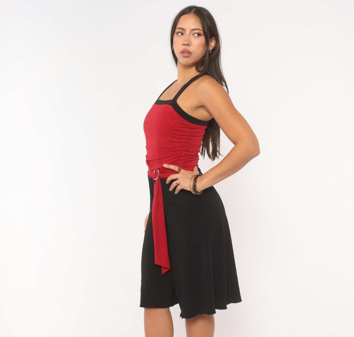 Y2K Byergirl Red Glitter Black Wide-Leg Jumpsuit Ruched Bodice XS