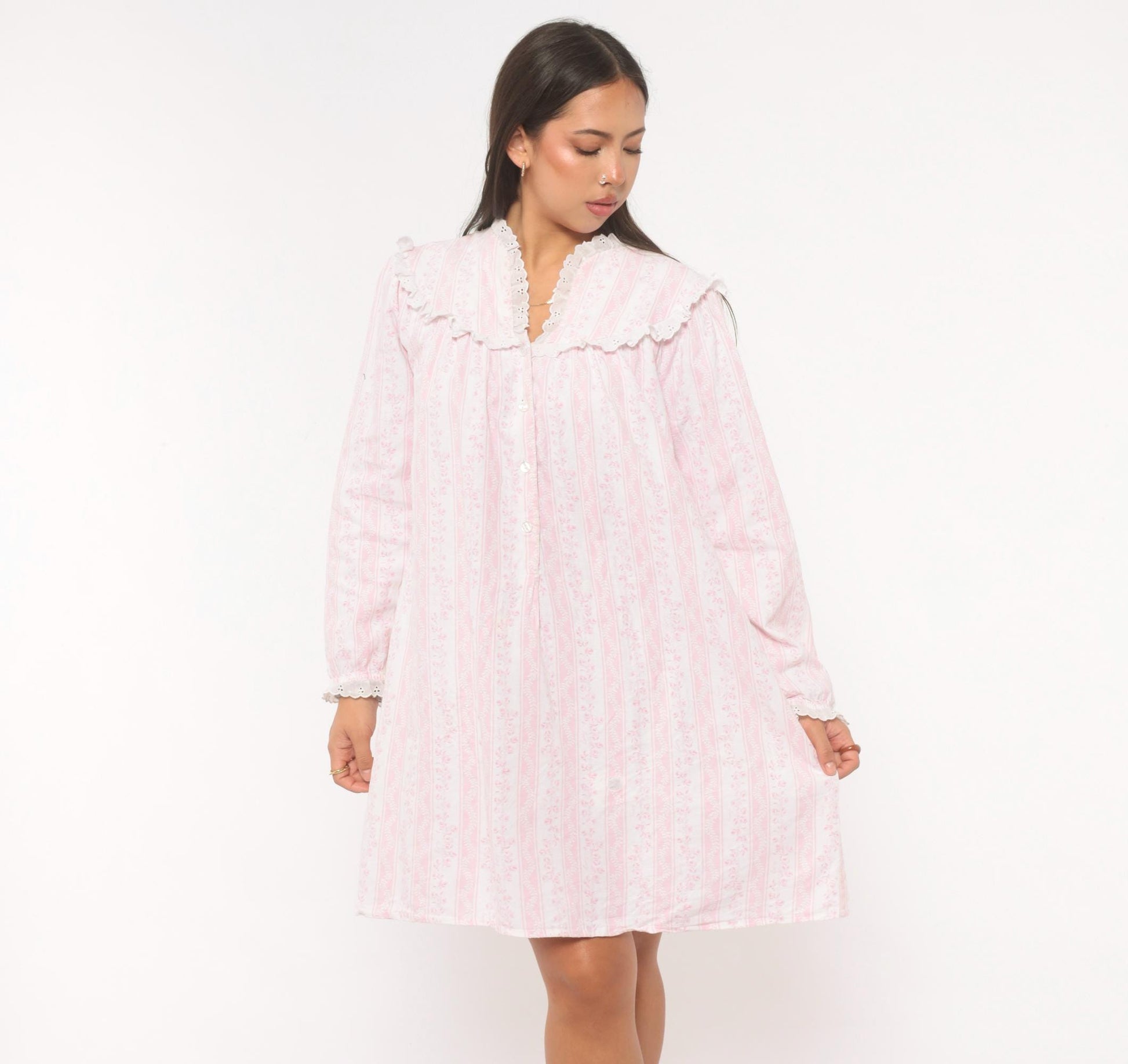 80s Larz of Salzbury Pink Floral Striped Cotton Nightgown Small