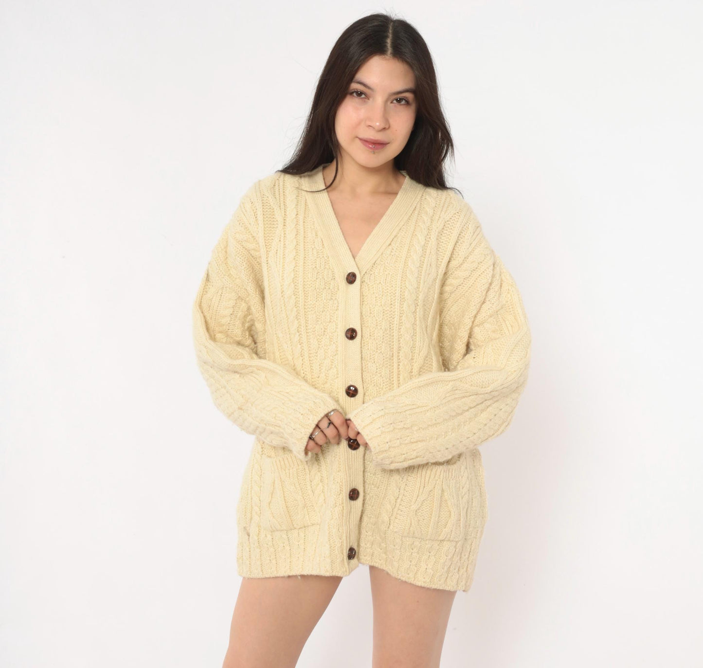 80s Celtic Country Cable Knit Cardigan Cream Wool Button Front Large L