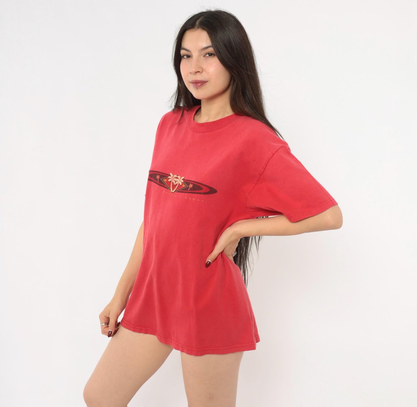 90s Waikiki Beach Hawaii Hanes Tee Red Cotton Palm Tree Graphic Large L