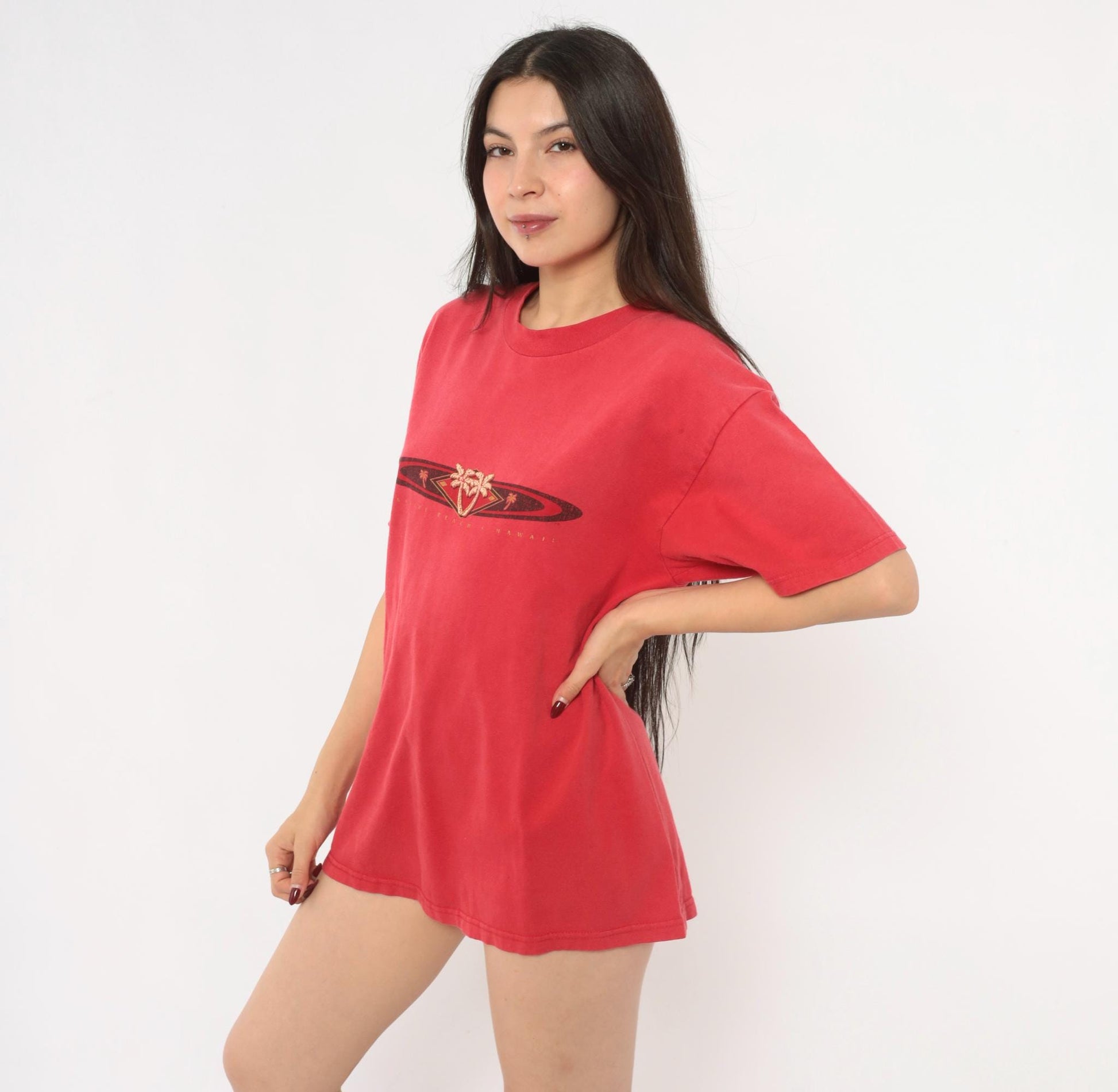 90s Waikiki Beach Hawaii Hanes Tee Red Cotton Palm Tree Graphic Large L
