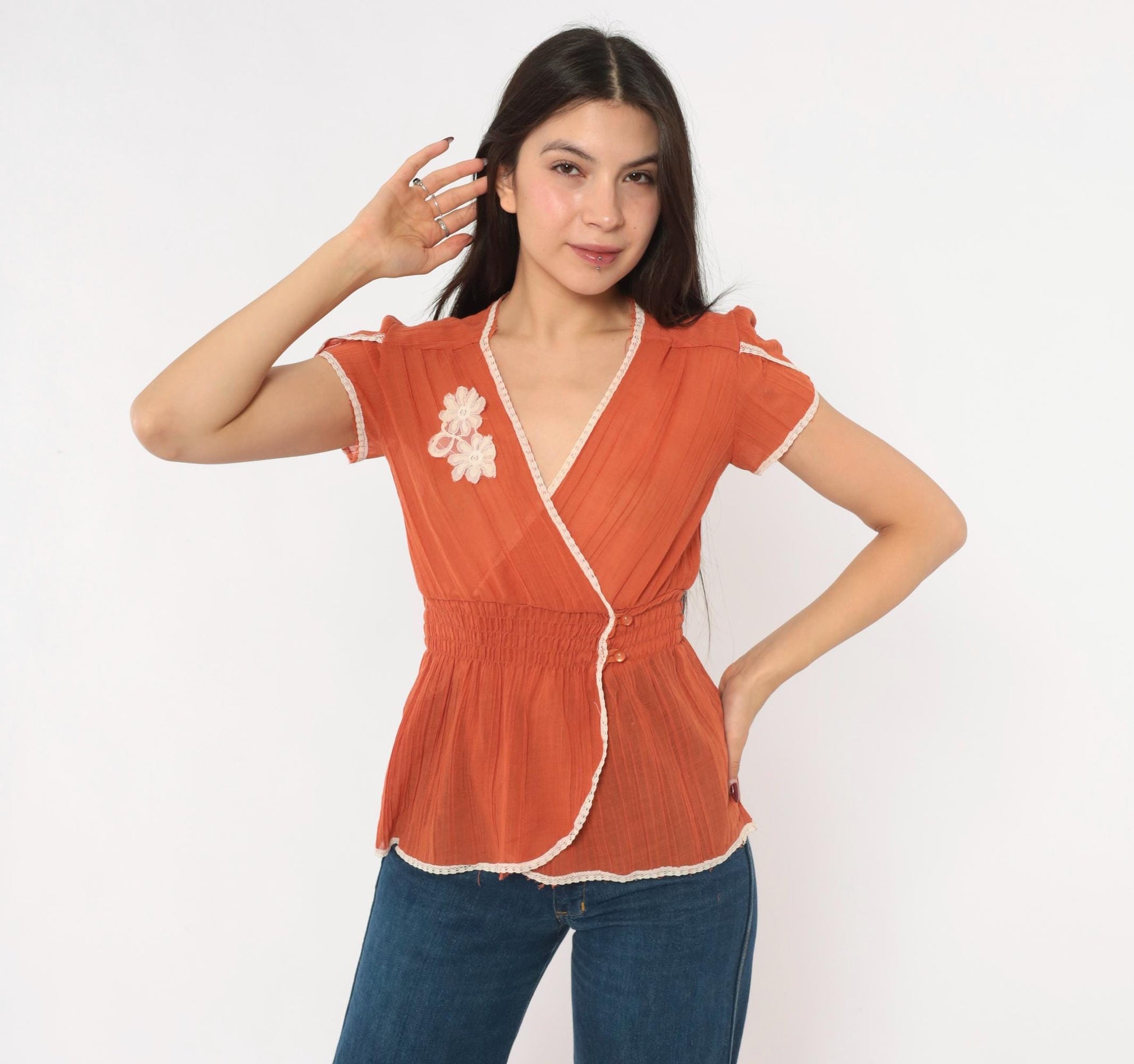 70s Burnt Orange Floral Lace Wrap Blouse Puff Sleeve Cream Trim Small