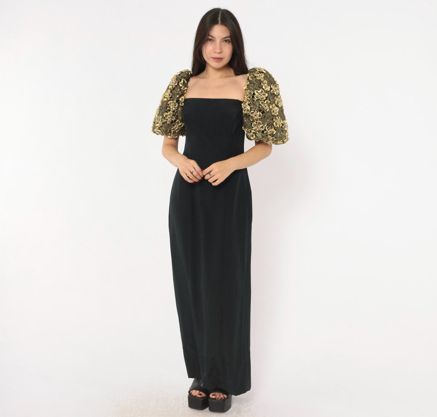 80s Eve of Milady Black Maxi Gown Gold Puff Sleeve Beaded Floral Medium