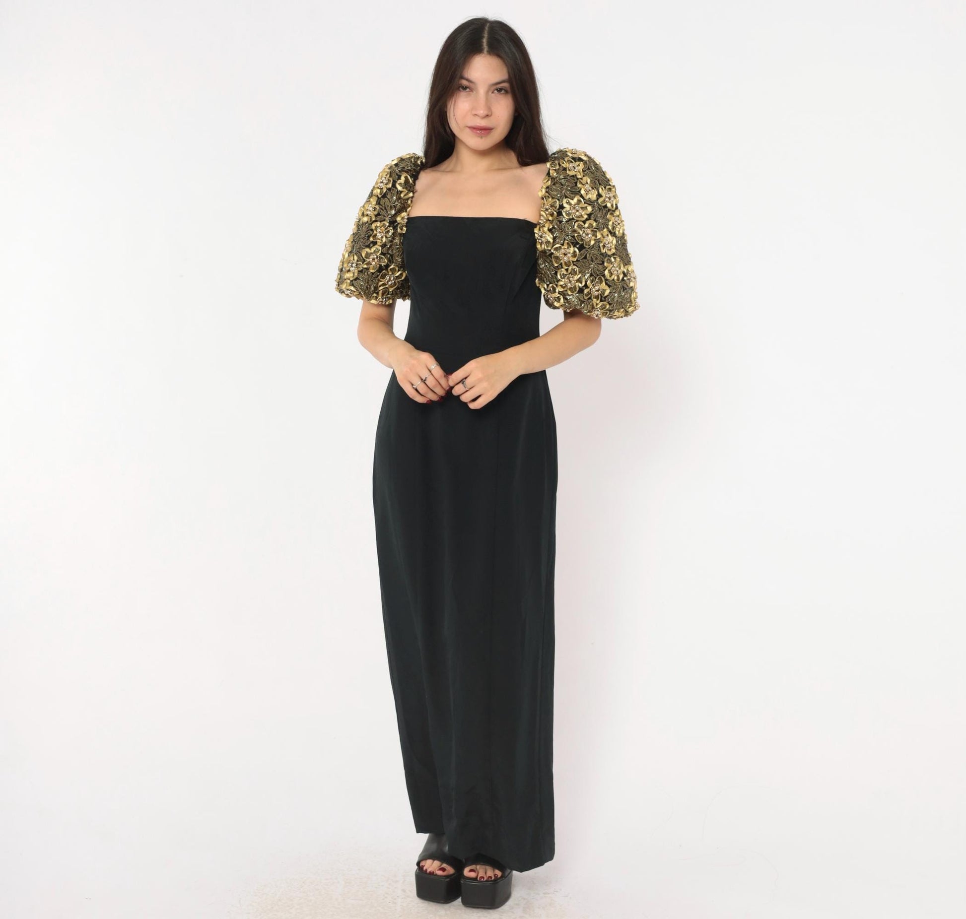 80s Eve of Milady Black Maxi Gown Gold Puff Sleeve Beaded Floral Medium