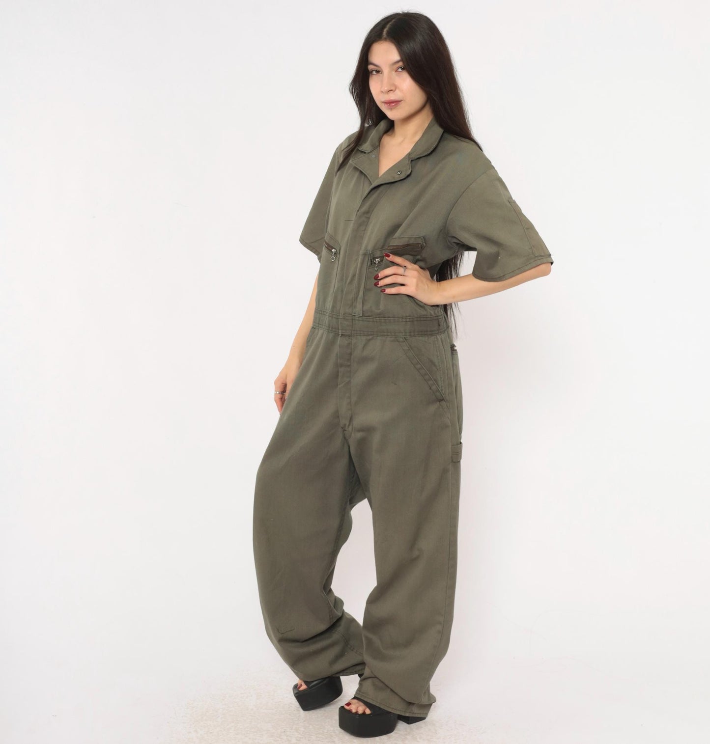 90s Dickies Olive Coveralls Zip Front Short Sleeve Jumpsuit Workwear Extra Large