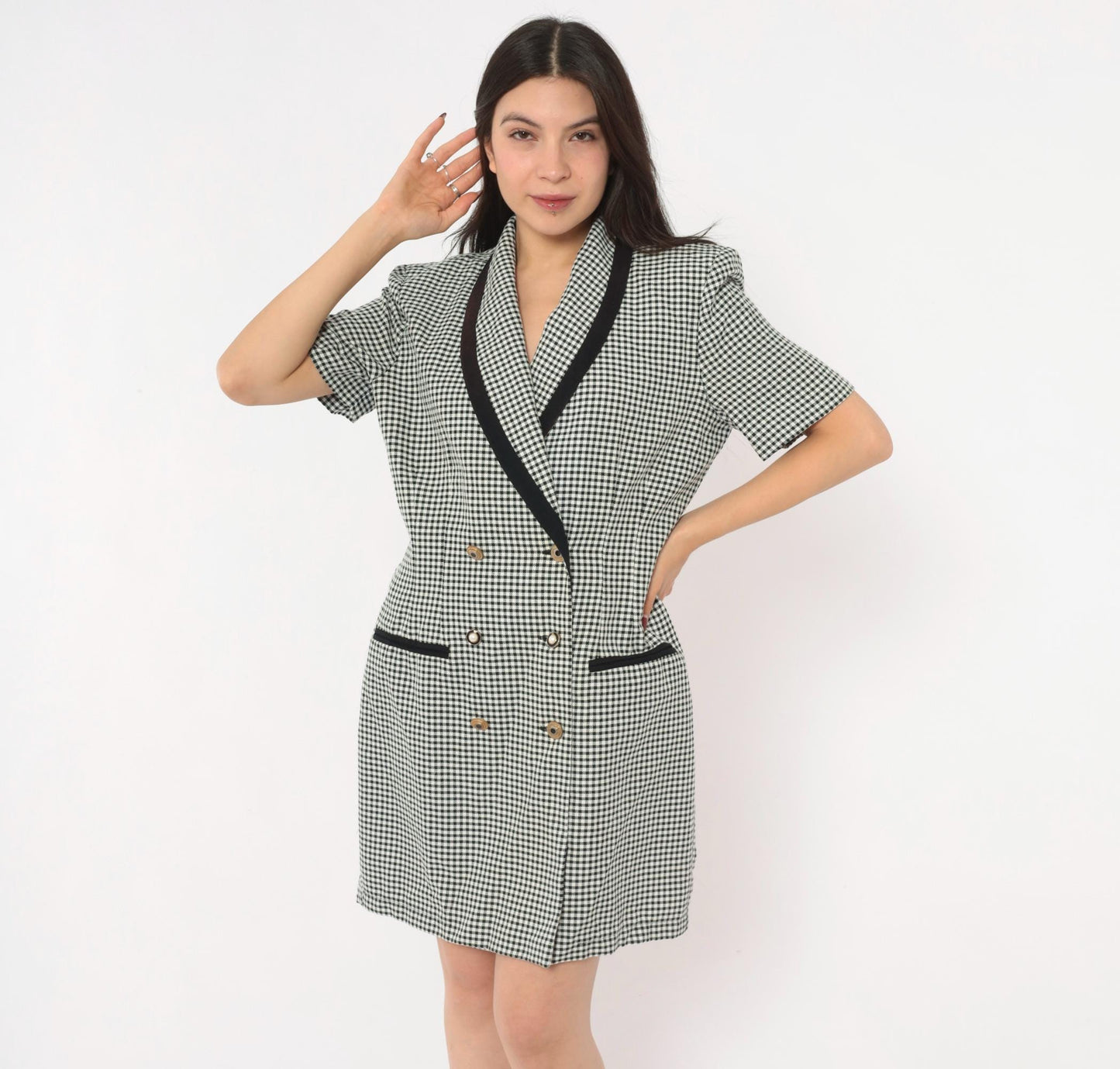80s Danny & Nicole Gingham Blazer Dress Black White Check Large
