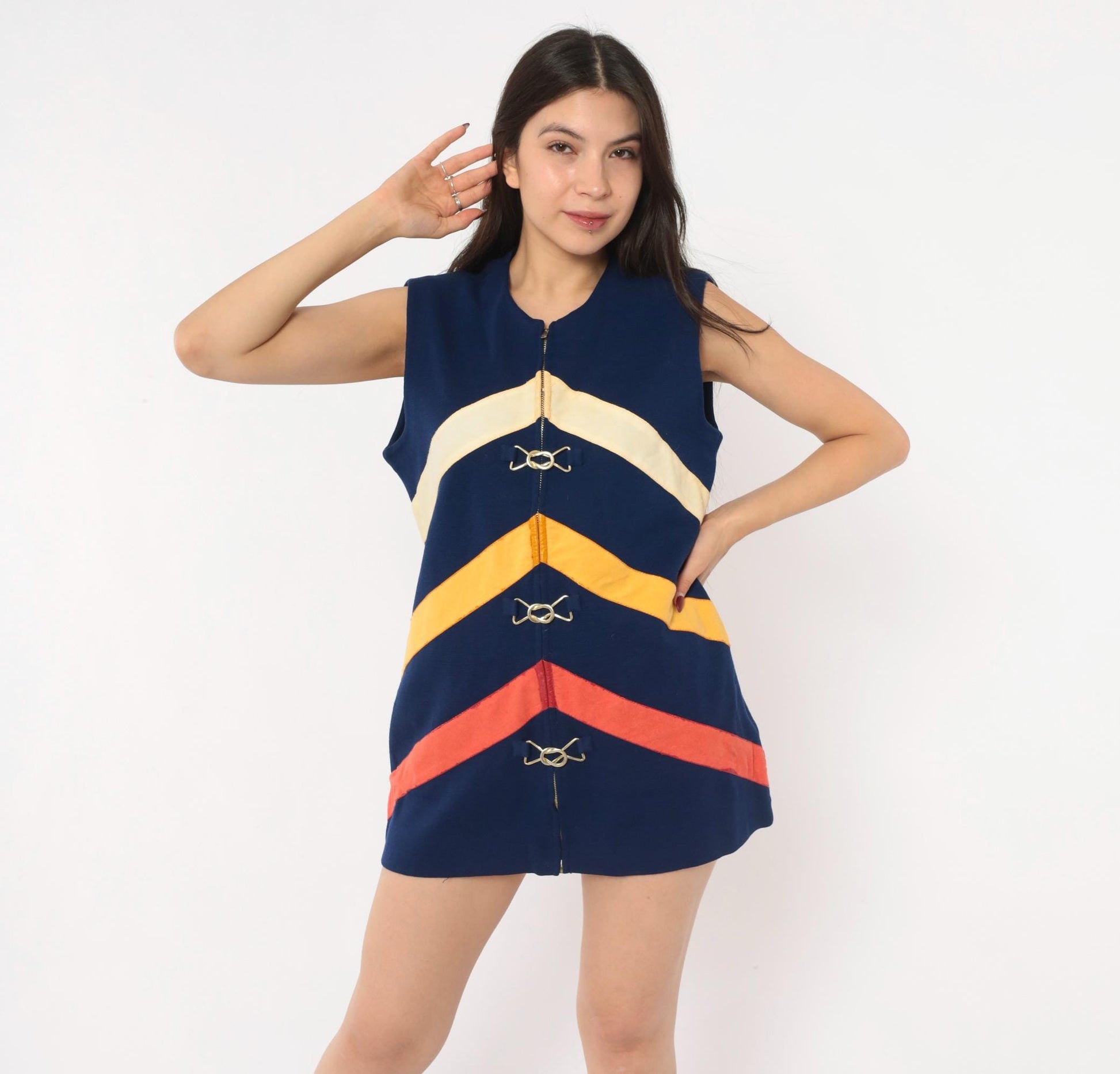 60s Di Costa Wool Chevron Stripe Mini Dress Navy Cream Gold Coral Zip Front Medium