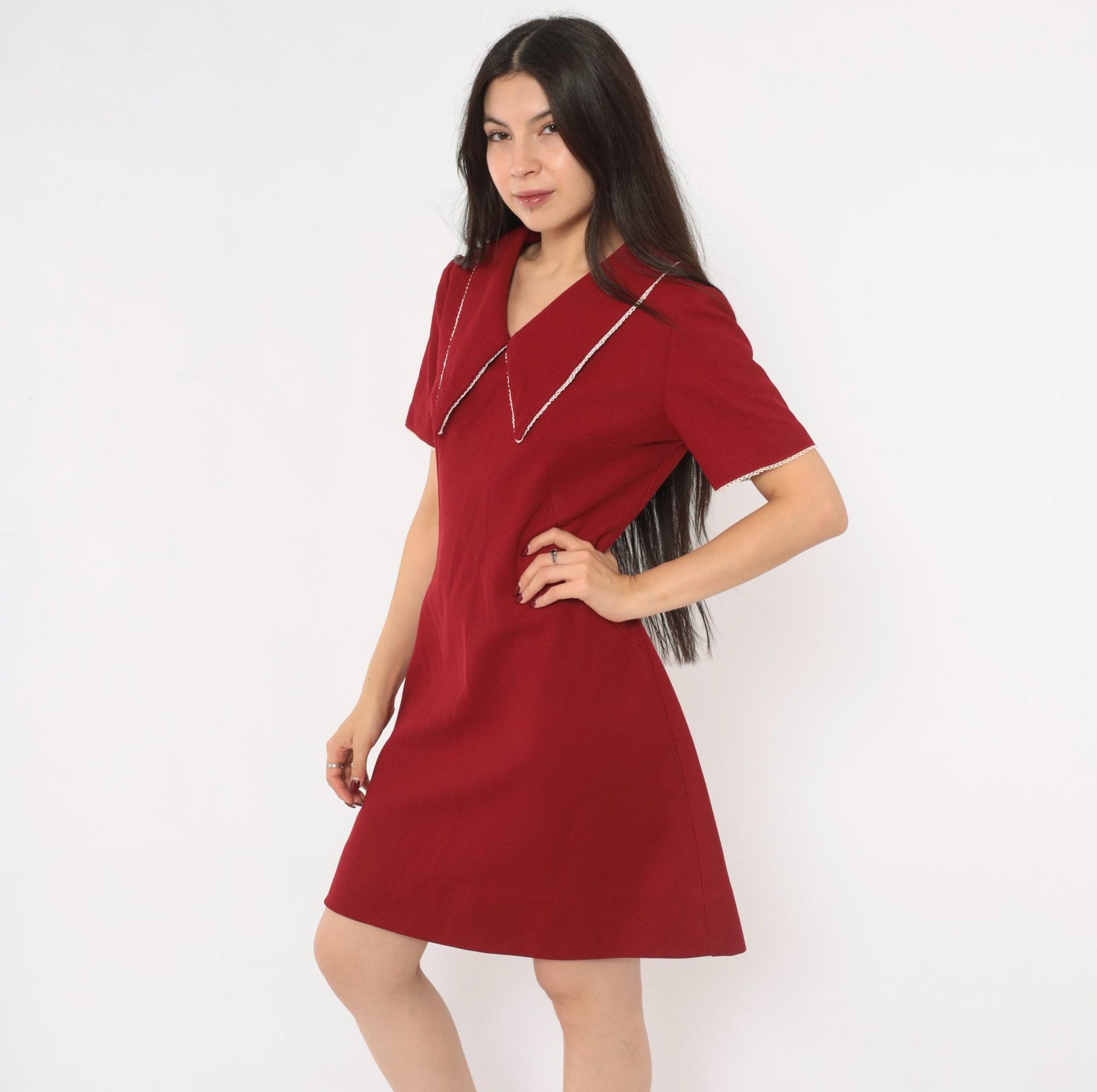 70s Burgundy Sailor Collar A-Line Dress Lace Trim Knee Length Medium