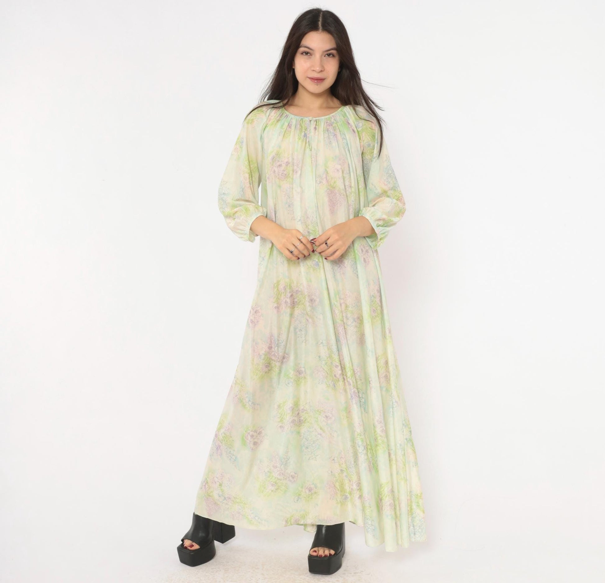 70s Floral Watercolor Maxi Nightgown Lavender Pink Blue Balloon Sleeve Medium M