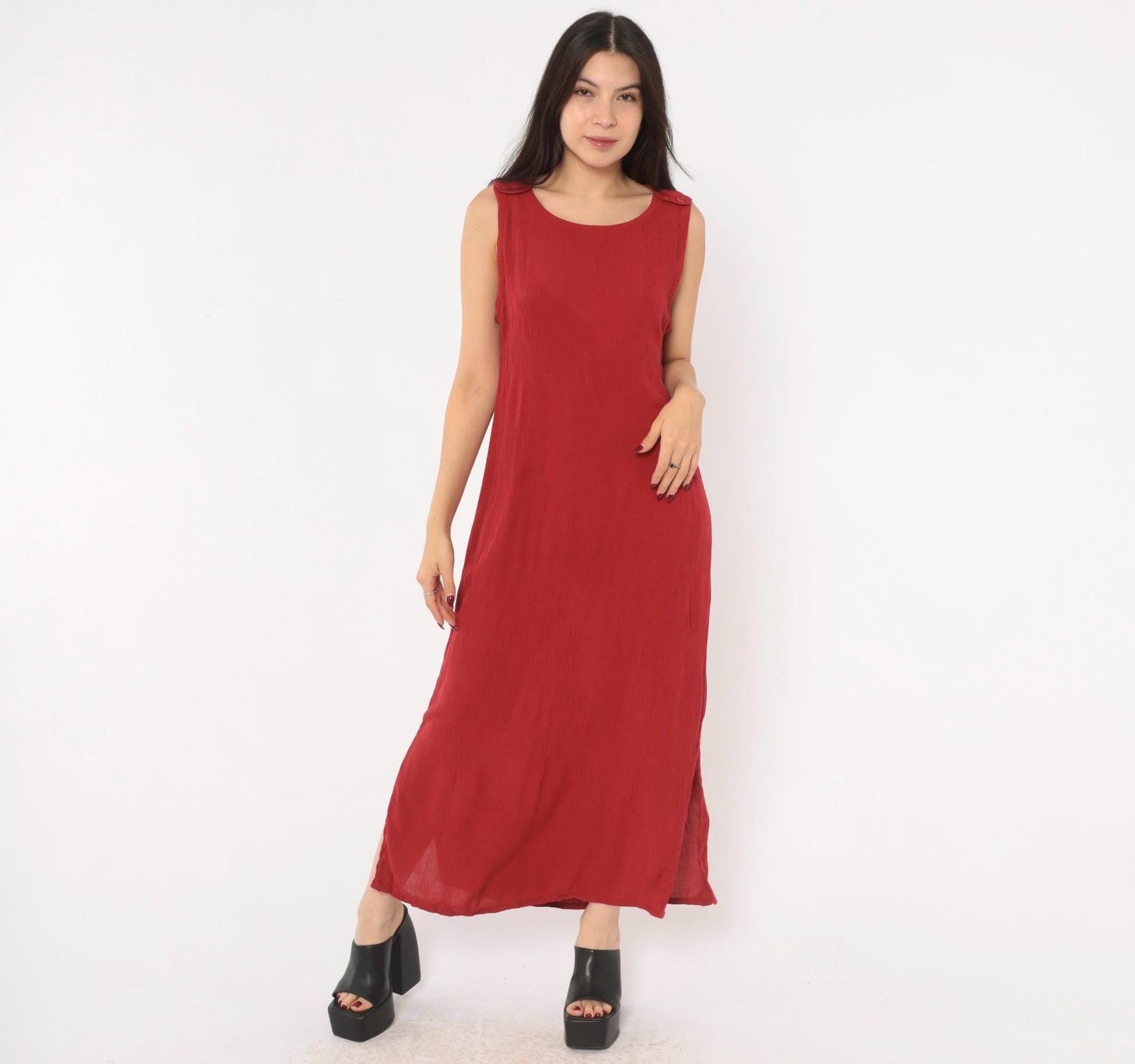 90s Sag Harbor Cranberry Maxi Dress Sleeveless Shoulder Buttons Extra Large