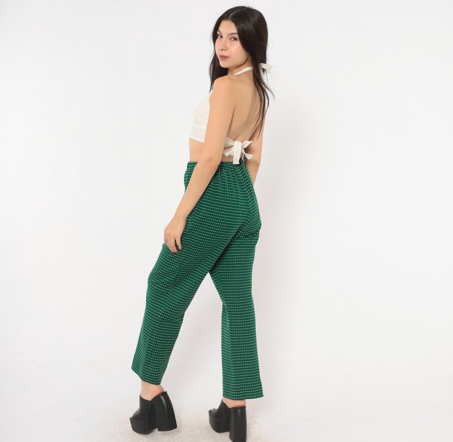 70s Green White Dotted Stripe Pull-On Trousers High Rise Wide Leg Small Medium