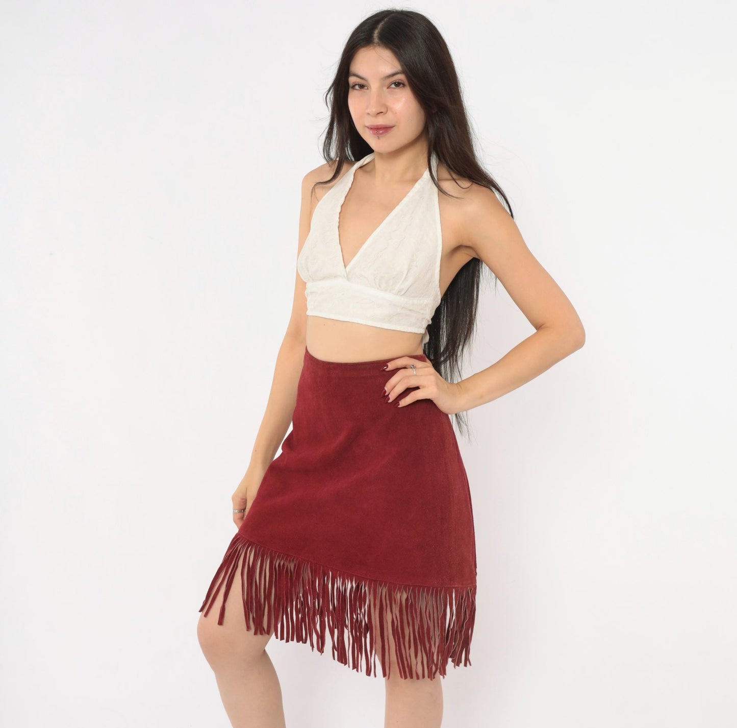 80s Passport Burgundy Suede Fringe A-Line Skirt High Waist Knee Length Large